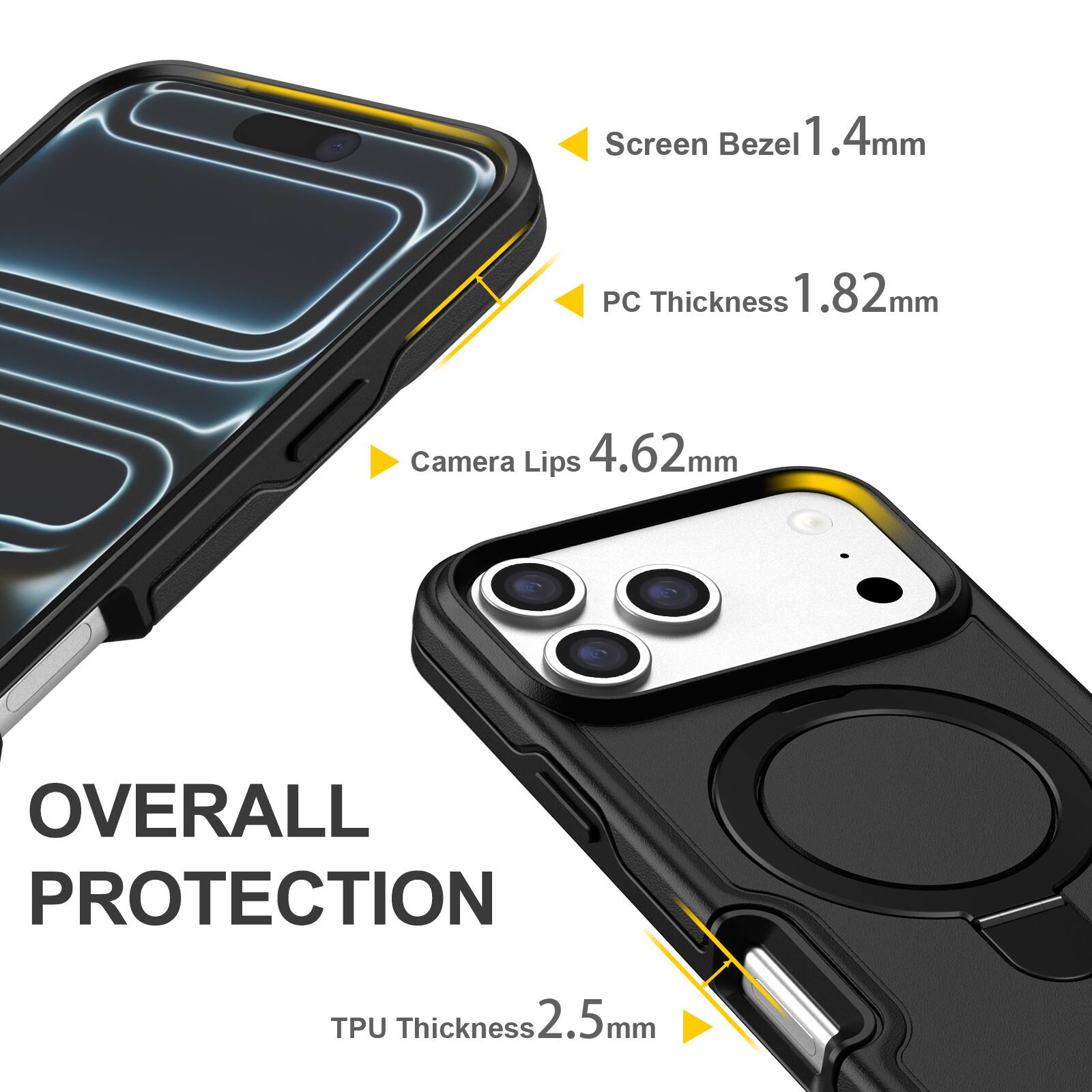 Screen Bezel 1.4mm  
PC Thickness 1.82mm  
Camera Lips 4.62mm  
OVERALL PROTECTION  
TPU Thickness 2.5mm