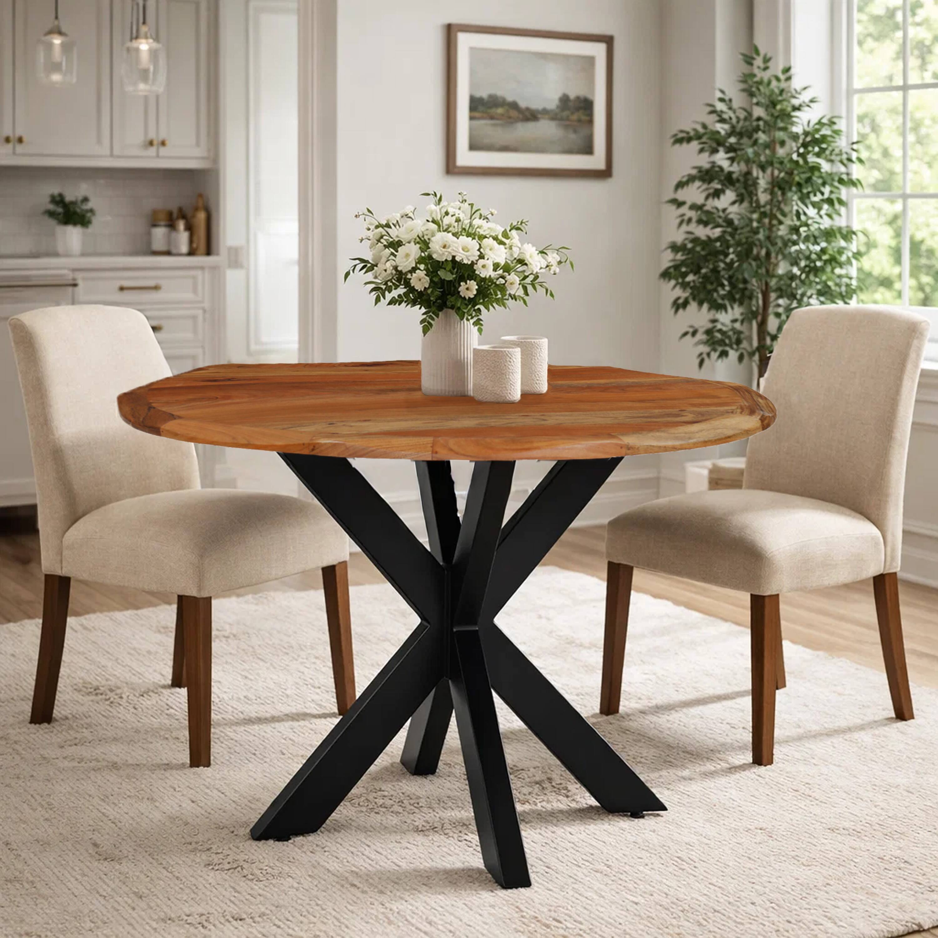 Alt View 10. Manhattan Lane - Kuri 41 Inch Handcrafted Live Edge Round Dining Table with a Natural Brown Acacia Wood Top and Black Iron Legs - Brown, Black.
