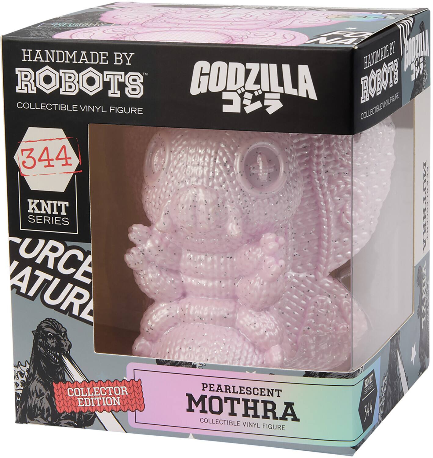 HANDMADE BY ROBOTS  
COLLECTIBLE VINYL FIGURE  

GODZILLA  

344  
KNIT SERIES  

PEARLESCENT MOTHRA  
COLLECTIBLE VINYL FIGURE  

COLLECTOR EDITION  

PEARLESCENT EDITION