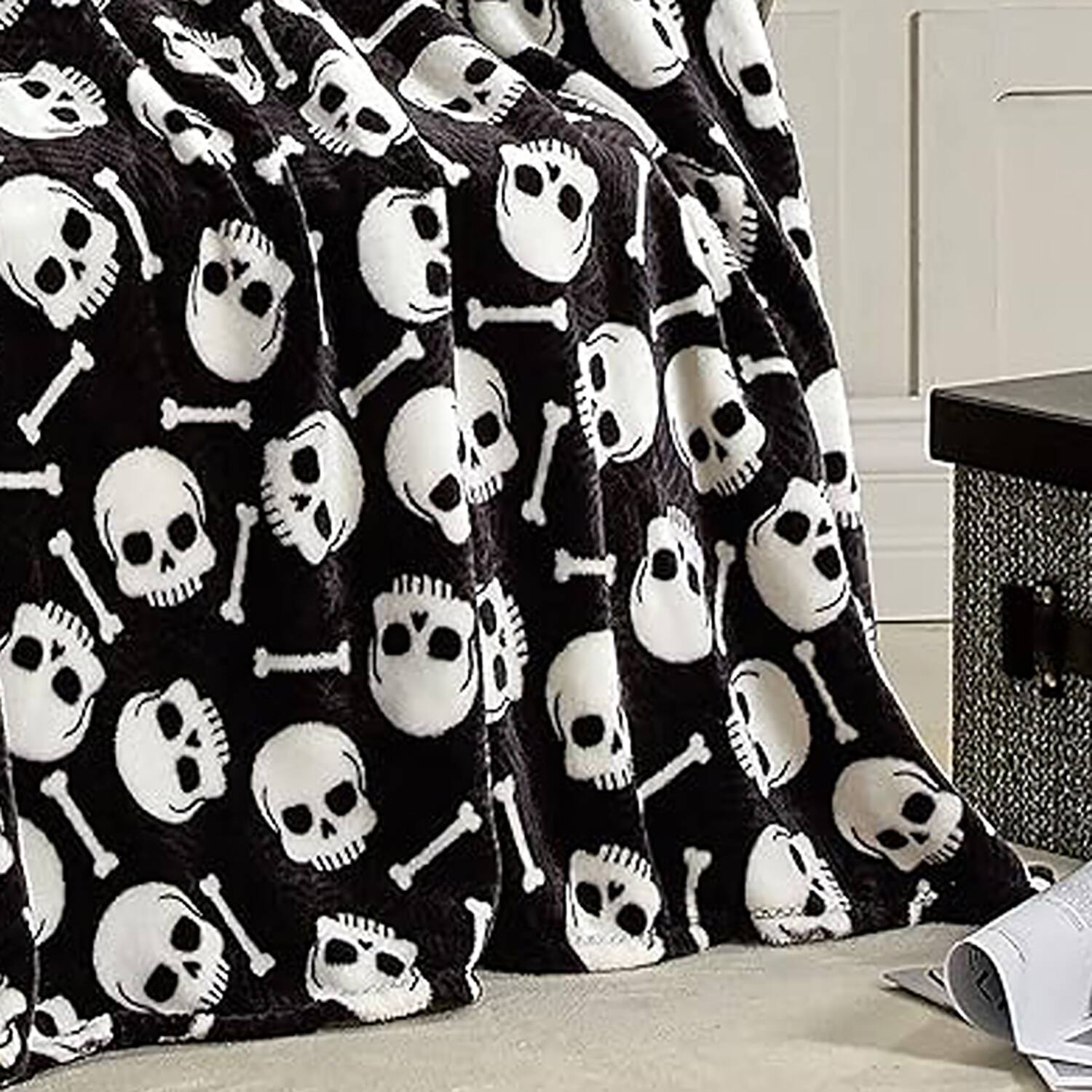 Alt View 2. Noble House - Plazatex Skull Bones Micro Plush Decorative Halloween Throw Blanket  50" X 60" Black And White - Black & white.
