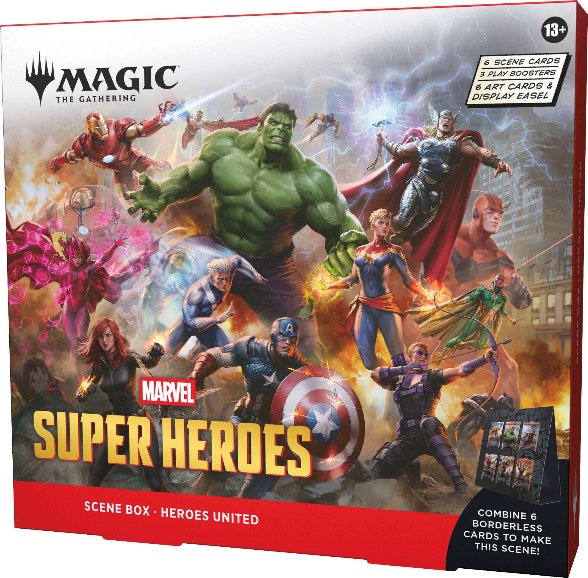 13+ MAGIC THE GATHERING 6 SCENE CARDS 3 PLAY BOOSTERS 6 ART CARDS & DISPLAY EASEL A MARVEL SUPER HEROES SCENE BOX HEROES UNITED COMBINE 6 BORDERLESS CARDS TO MAKE THIS SCENE!