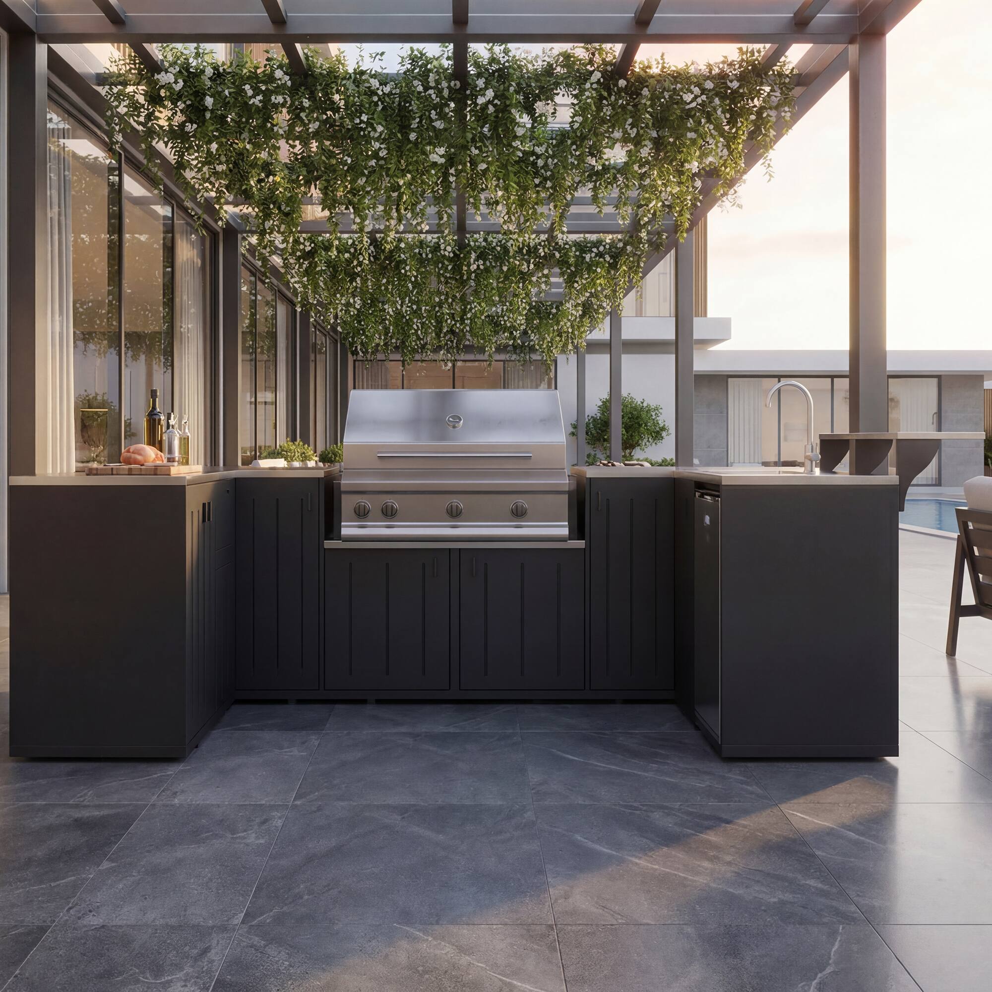 Left. Famapy - Modular L-Shaped Outdoor Kitchen Set with 304 SS Countertop, Grill Base & Sink Bar for Backyard Patio BBQ Storage.