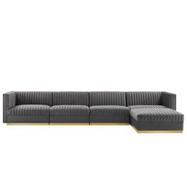 Sanguine 5-Piece Channel Tufted Performance Velvet Modular Sectional Sofa by Modway - Gray