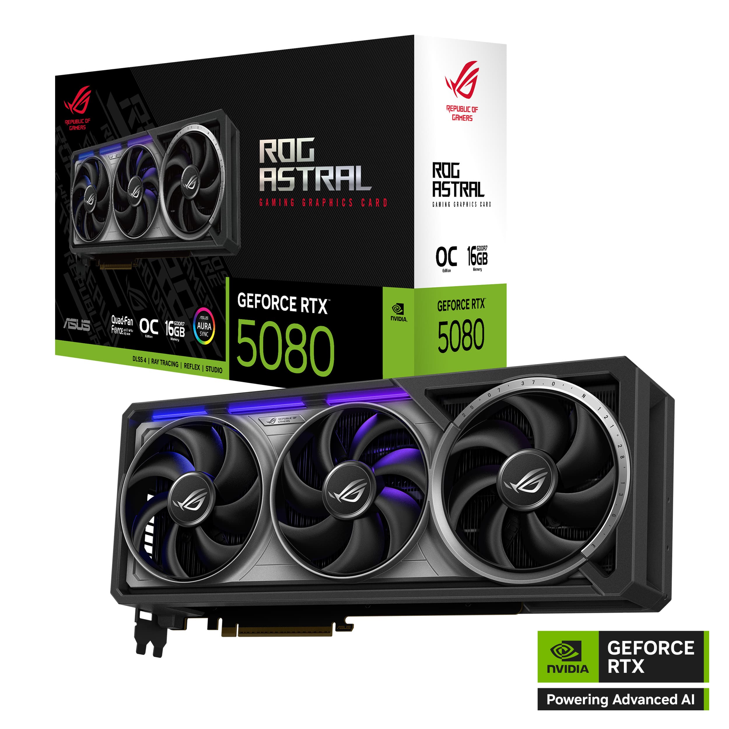 La ERC DPER ROG ASTRAL GAMING GRAPHICS CARD REPUBLIC 5F CAHERS ROG ASTRAL SOBILE CHOPRICS LunE ERI AMER GEFORCE RTX m SUS QuadFan OC AURA Fors 16GB SI - I A . B TRACING REFURE I STUDIO 5080 IVDLL - OC 16GB - - GEFORCE RTX 5080 GEFORCE NVIDIA RTX Powering Advanced AI