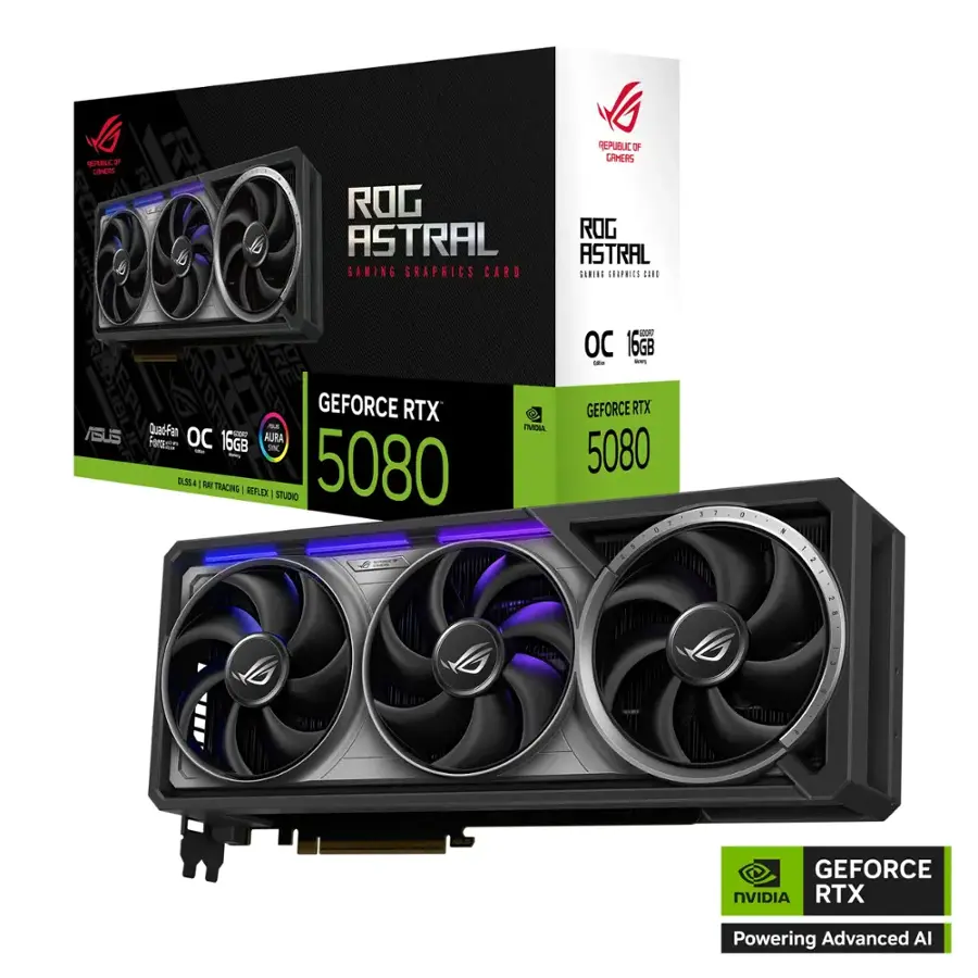 La ERC DPER ROG ASTRAL GAMING GRAPHICS CARD REPUBLIC 5F CAHERS ROG ASTRAL SOBILE CHOPRICS LunE ERI AMER GEFORCE RTX m SUS QuadFan OC  AURA Fors 16GB SI -  I A . B TRACING REFURE I STUDIO 5080 IVDLL - OC 16GB - - GEFORCE RTX 5080 GEFORCE NVIDIA RTX Powering Advanced AI