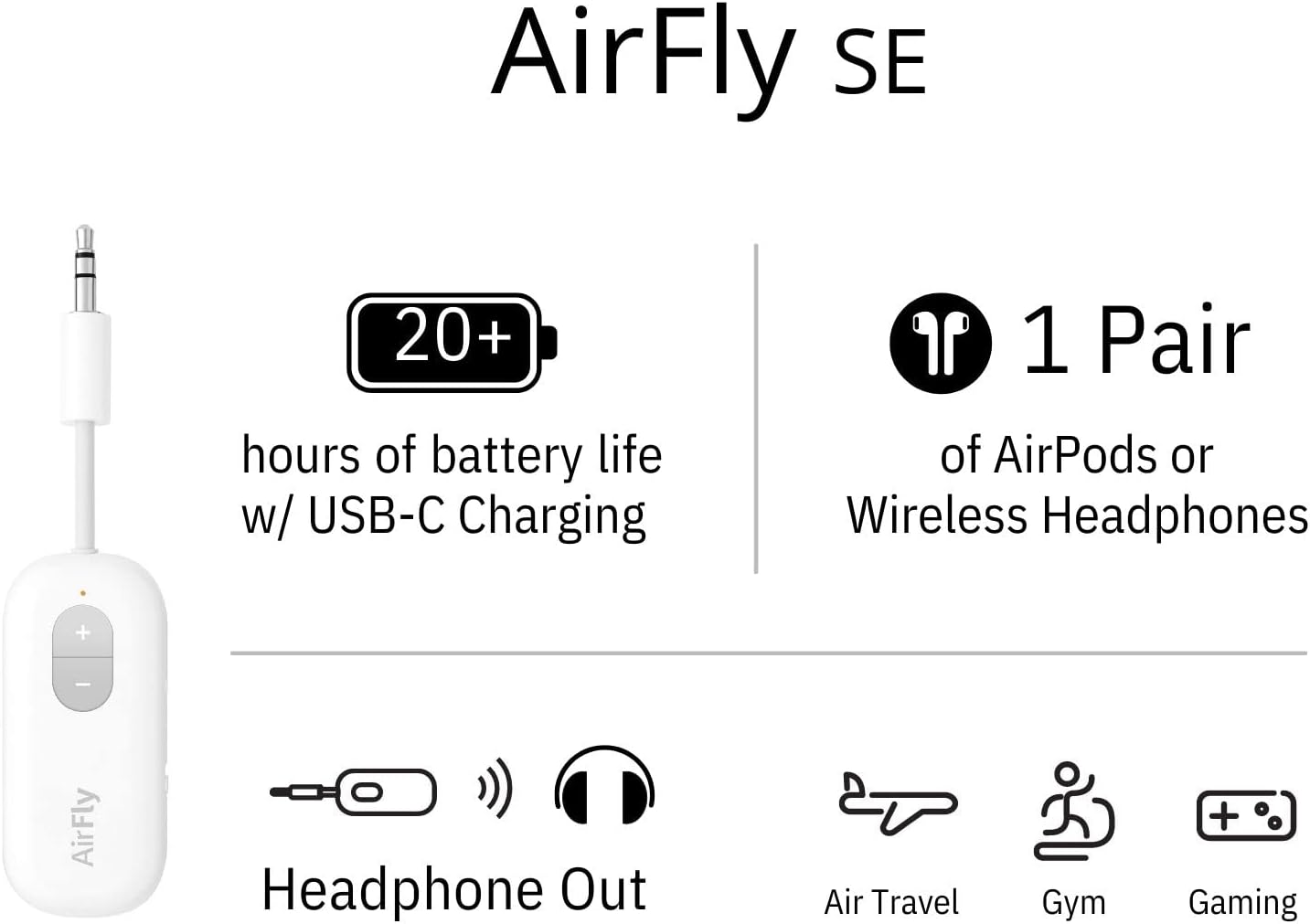 AirFly SE  
20+ hours of battery life w/ USB-C Charging  
1 Pair of AirPods or Wireless Headphones  
Headphone Out  
Air Travel Gym + Gaming