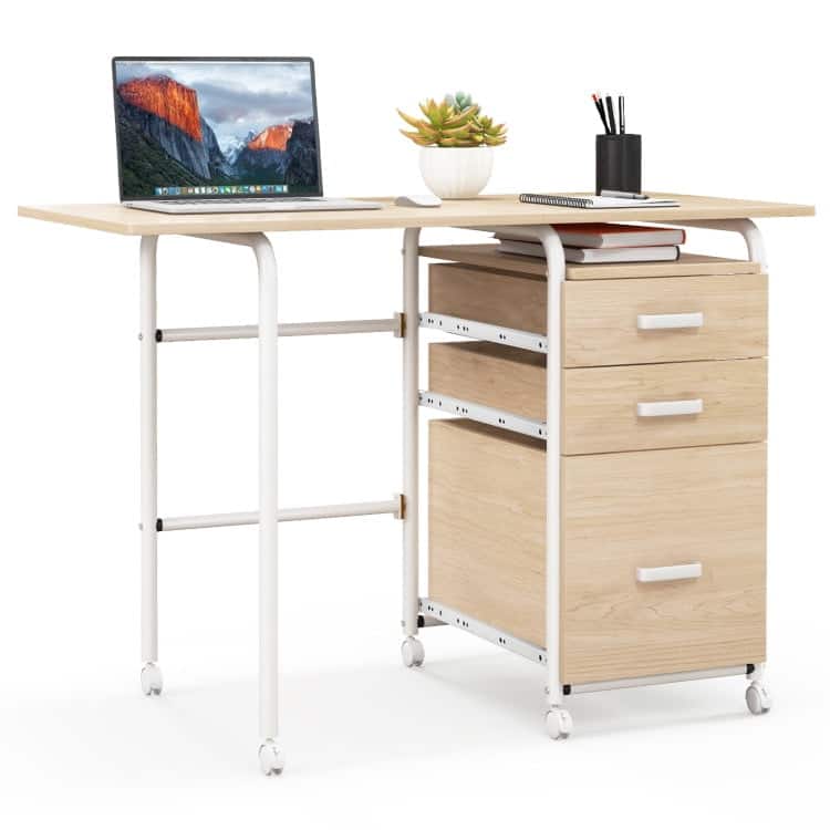 Kadyn - Folding Computer Laptop Desk Wheeled Home Office Furniture-Natural, Home Office Desks, Gaming Computer Desks - Brown