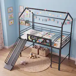 Gymax - Twin Size Loft Bed w/Ladder Slide Chalkboard & Metal Slats for Bedroom Dormitory - Black