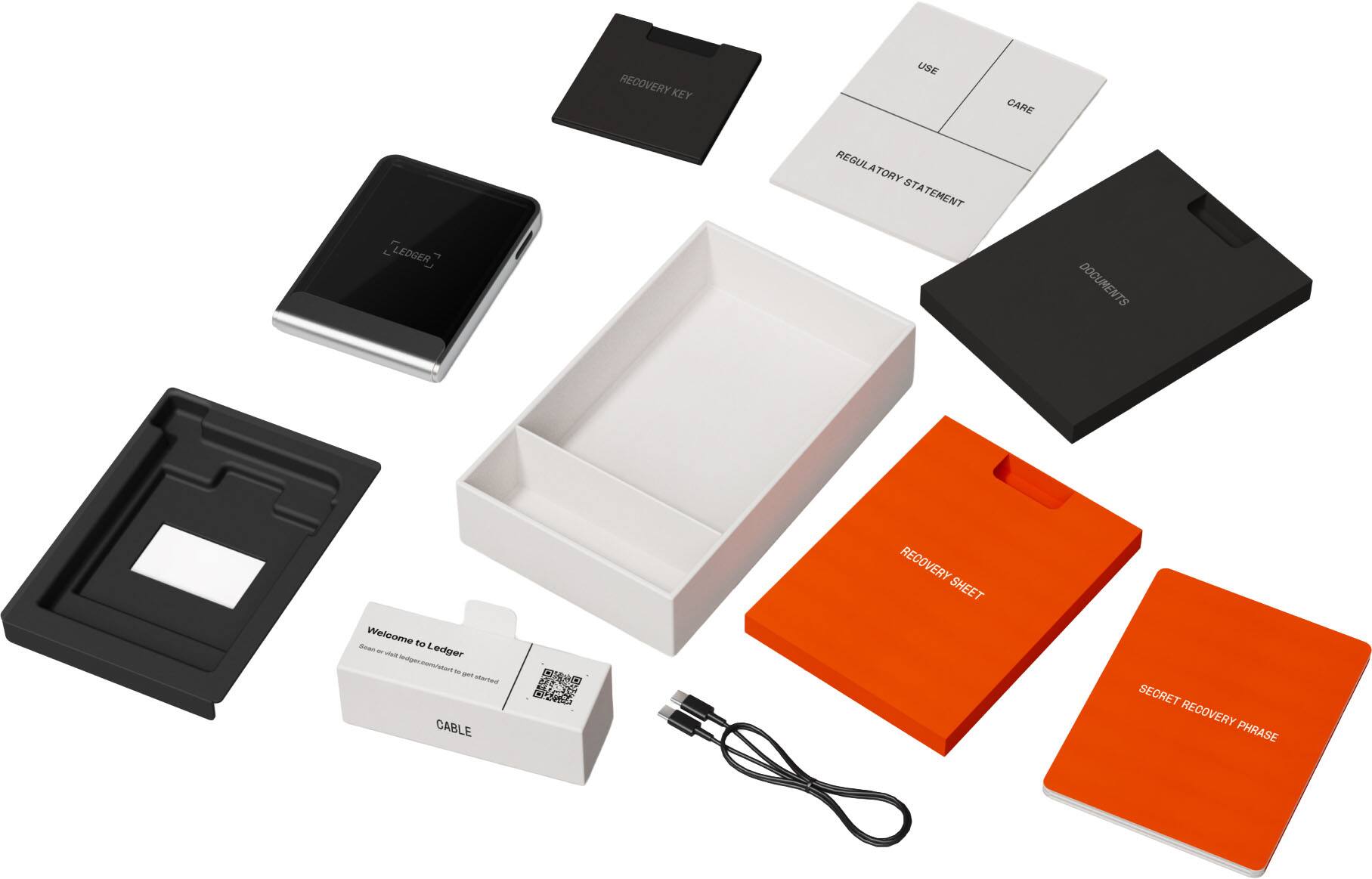 RECOVERY KEY, USE, CARE, LEDGER, REGULATORY STATEMENT, DOCUMENTS, Welcome to Ledger, CABLE, RECOVERY SHEET, SECRET RECOVERY PHRASE