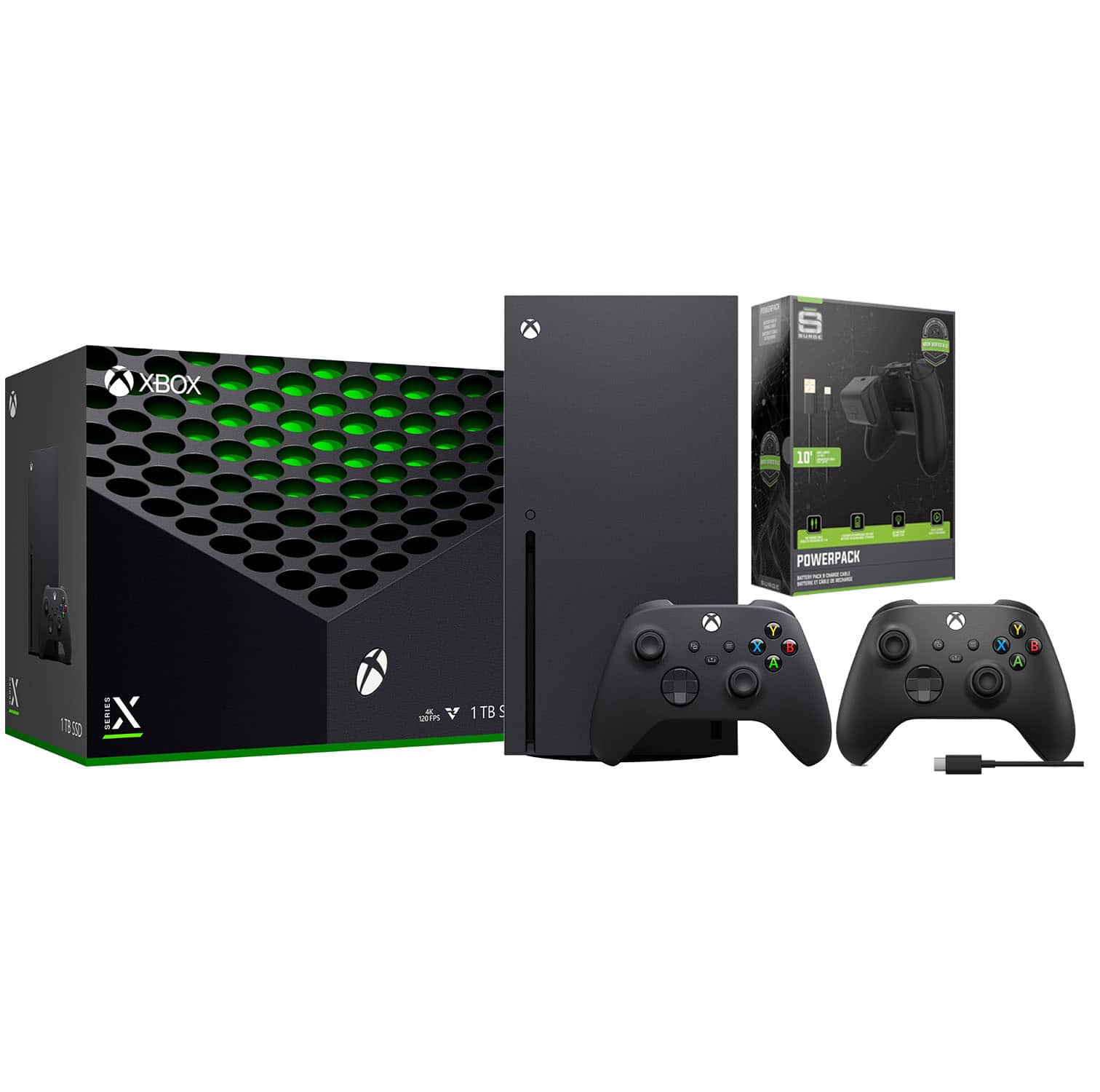 Xbox Series X 1TB Disc Console with Extra Controller and Battery Pack Bundle - Black + USB C Cable