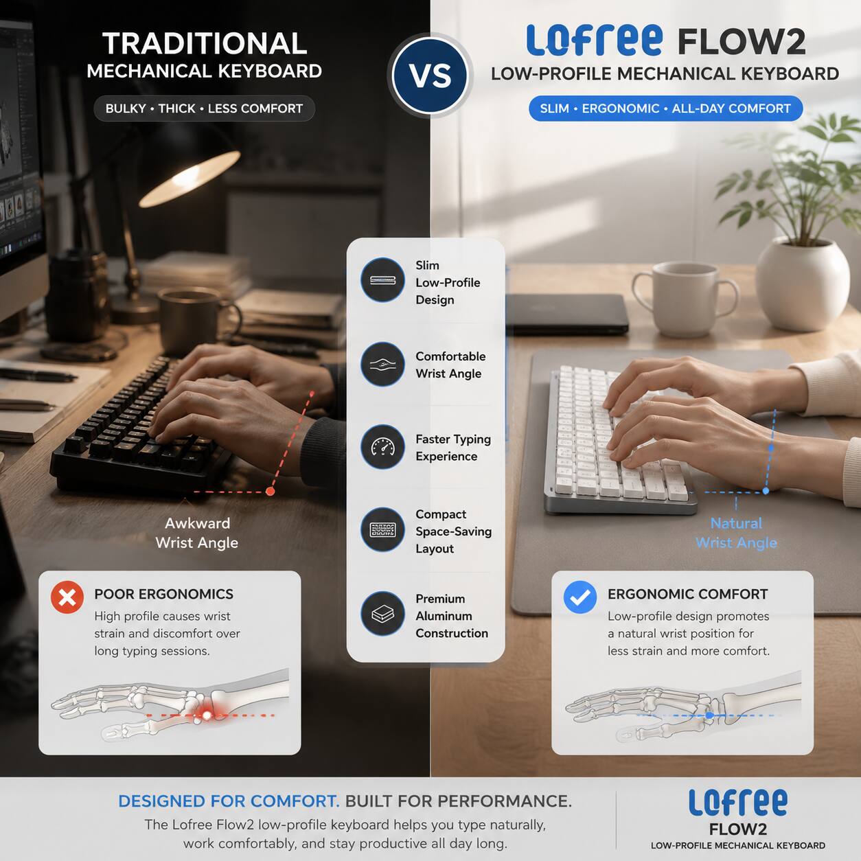 TRADITIONAL MECHANICAL KEYBOARD BULKY THICK LESS COMFORT

Lofree FLOW2 vs LOW-PROFILE MECHANICAL KEYBOARD SLIM ERGONOMIC ALL-DAY COMFORT

Slim Low-Profile Design
Comfortable Wrist Angle
Faster Typing Experience
Compact Space-Saving Layout
Premium Aluminum Construction

POOR ERGONOMICS
High profile causes wrist strain and discomfort over long typing sessions.

ERGONOMIC COMFORT
Low-profile design promotes a natural wrist position for less strain and more comfort.

DESIGNED FOR COMFORT. BUILT FOR PERFORMANCE.
The Lofree Flow2 low-profile keyboard helps you type naturally, work comfortably, and stay productive all day long.

Lofree FLOW2 LOW-PROFILE MECHANICAL KEYBOARD