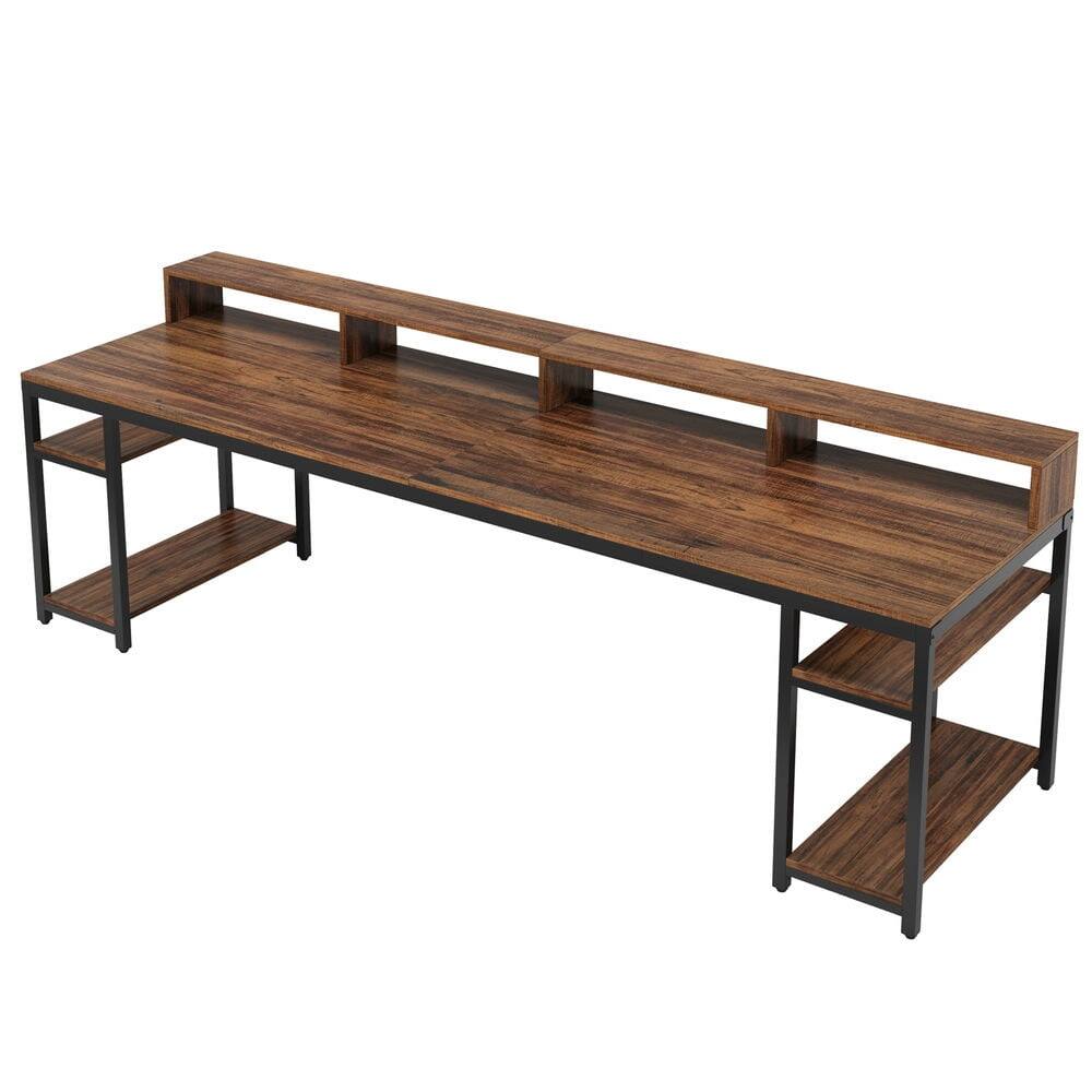 Angle. Kadyn - Kadyn Study Writing Desk, 79" Two Person Computer Desk With Monitor Stand and 4 Open Shelf,Rustic Brown - Rustic Brown.