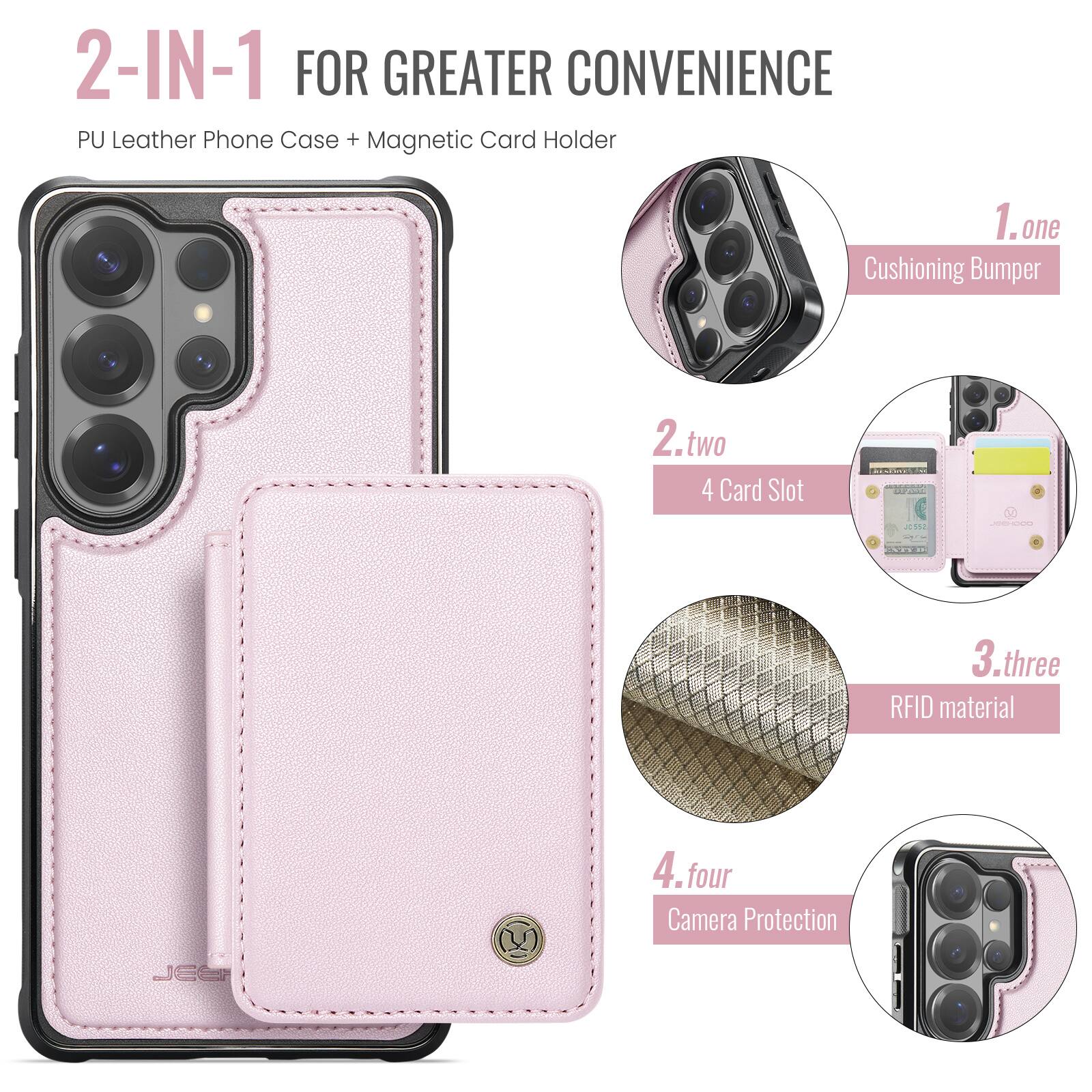 2-IN-1 FOR GREATER CONVENIENCE  
PU Leather Phone Case + Magnetic Card Holder  

1. one  
Cushioning Bumper  

2. two  
4 Card Slot  

3. three  
RFID material  

4. four  
Camera Protection
