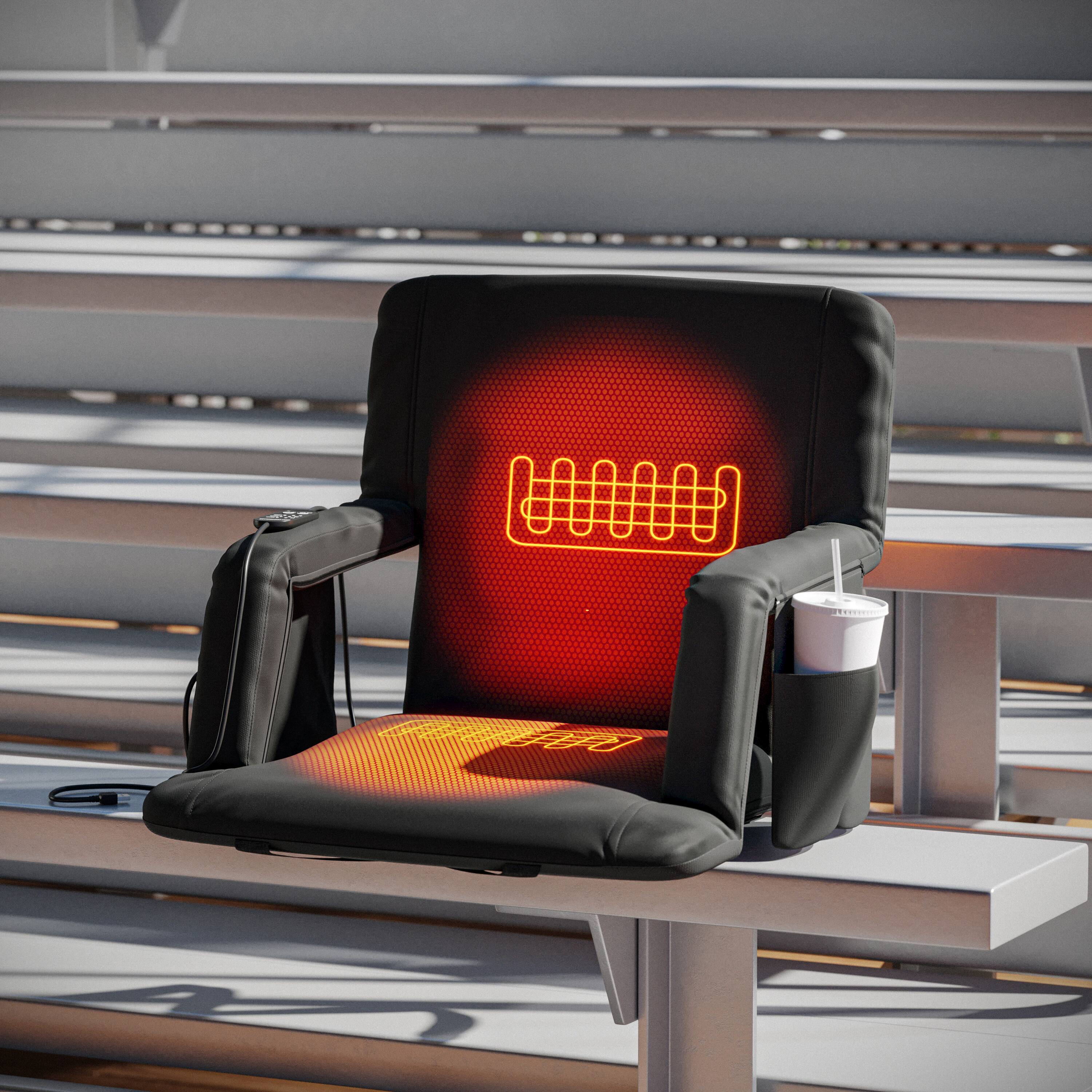 Alt View 4. Emma + Oliver - Foldable Reclining Stadium Chair with Backpack Straps-Heated Back and Seat - Black.