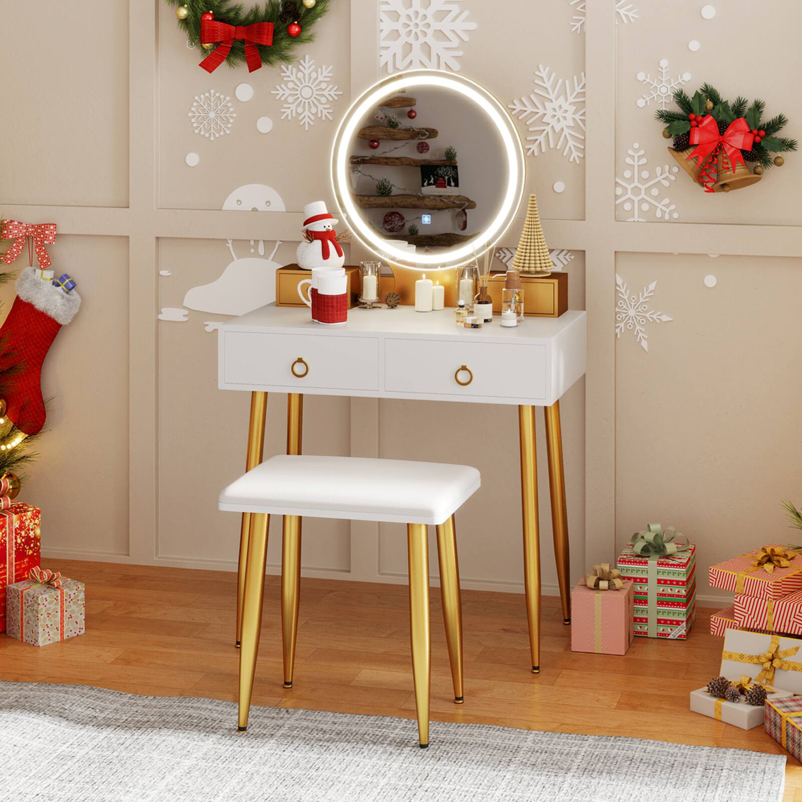 Angle. SlickBlue - Makeup Vanity Table with Mirror and Stool for Bedroom or Dressing Room - White.