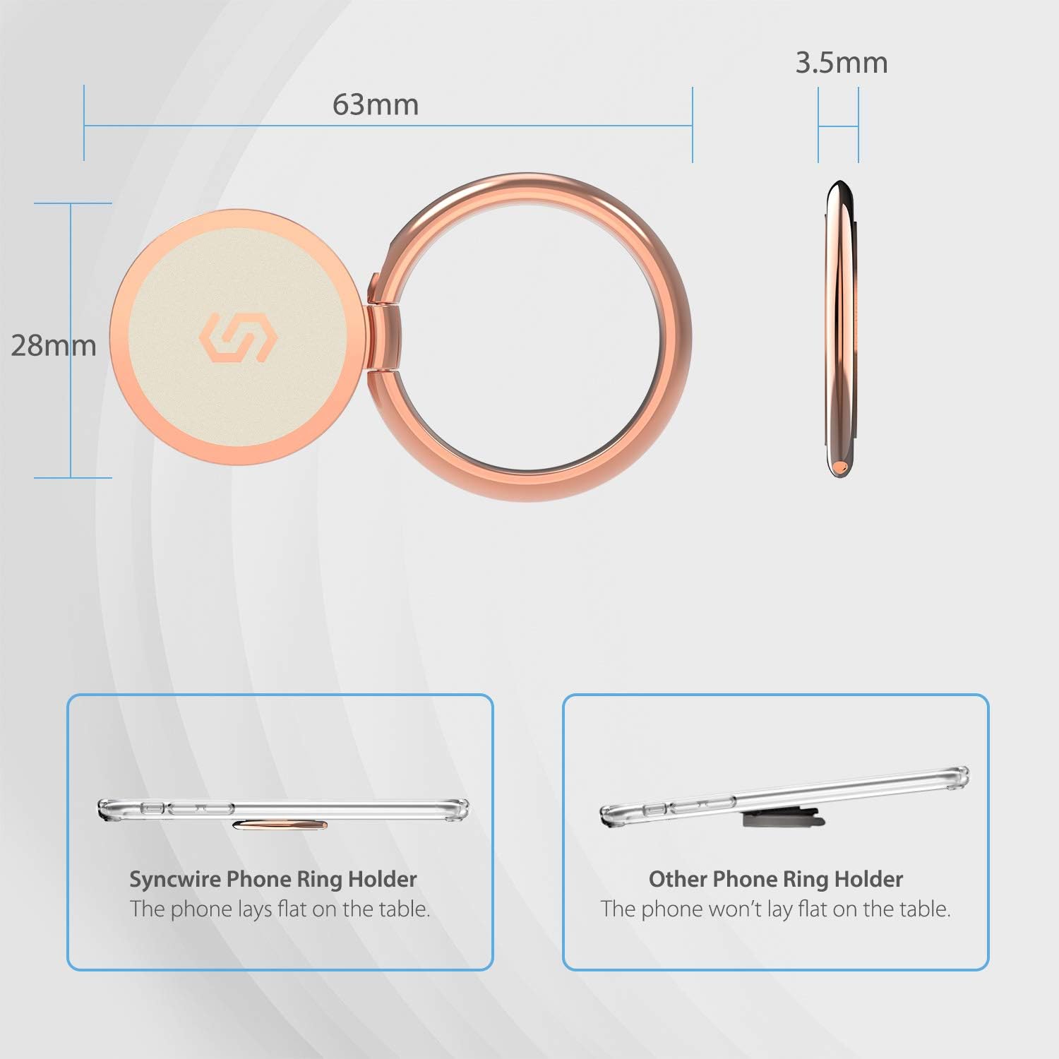 63mm  
3.5mm  
28mm  

Syncwire Phone Ring Holder  
The phone lays flat on the table.  

Other Phone Ring Holder  
The phone won't lay flat on the table.