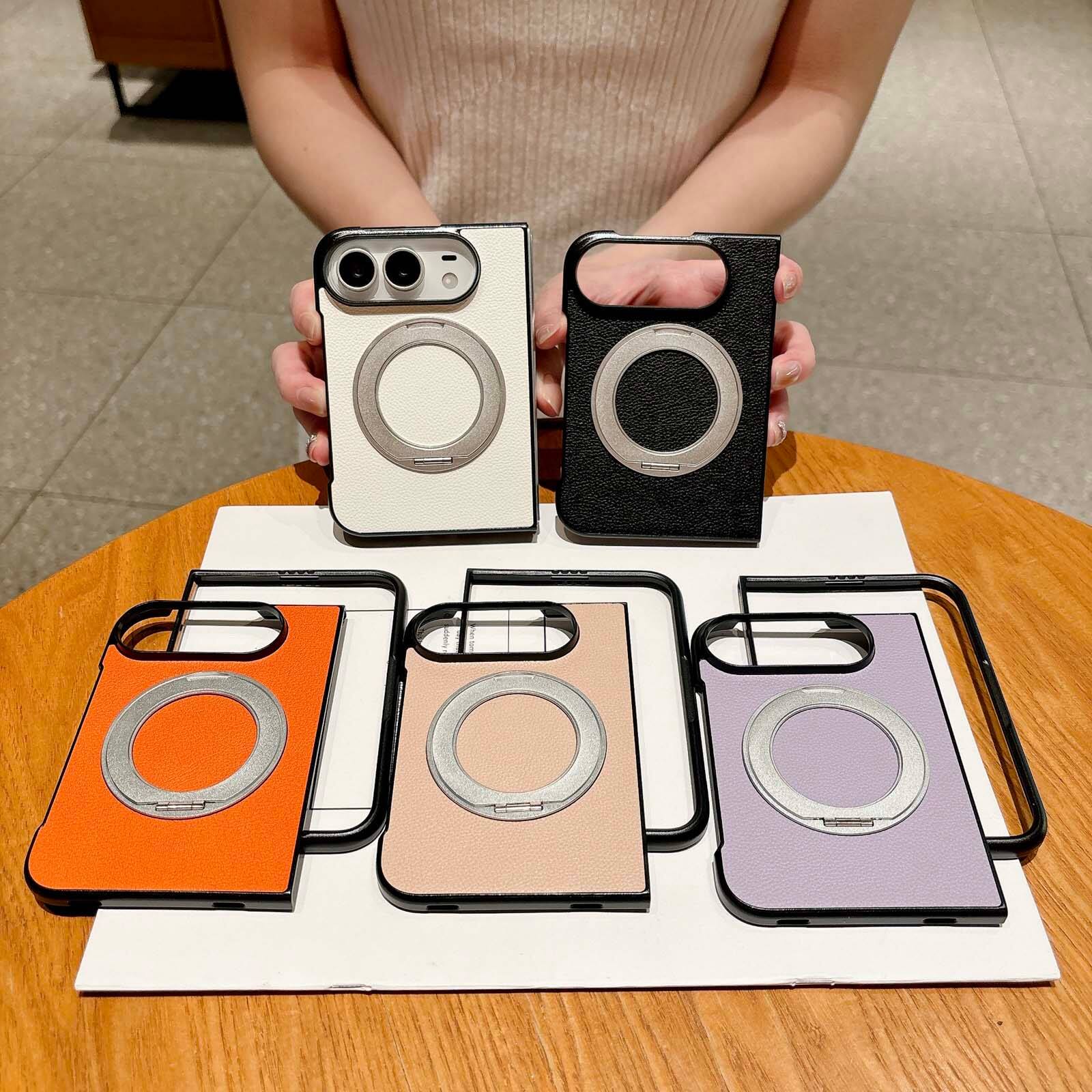 Left. Dteck - for Apple iPhone Duo Magnetic Lychee Texture Case,Shock-absorbent Rugged Protective Cover with 360 Rotating Kickstand - Orange.