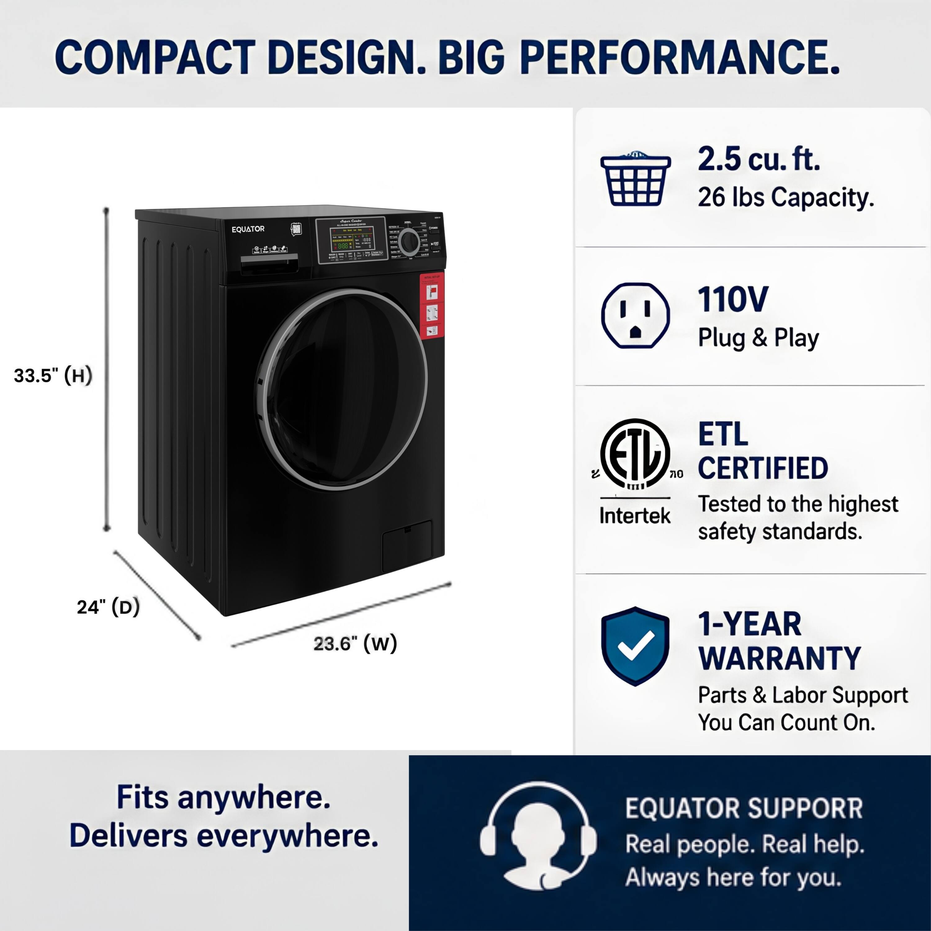 COMPACT DESIGN. BIG PERFORMANCE.  
EQUATOR 2.5 cu. ft. 26 lbs Capacity.  
33.5" (H) 110V Plug & Play  
ETL CERTIFIED  
Tested to the highest Intertek safety standards.  
24" (D) 23.6" (W)  
1-YEAR WARRANTY Parts & Labor Support You Can Count On.  
Fits anywhere. Delivers everywhere.  
EQUATOR SUPPORT  
Real people. Real help. Always here for you.
