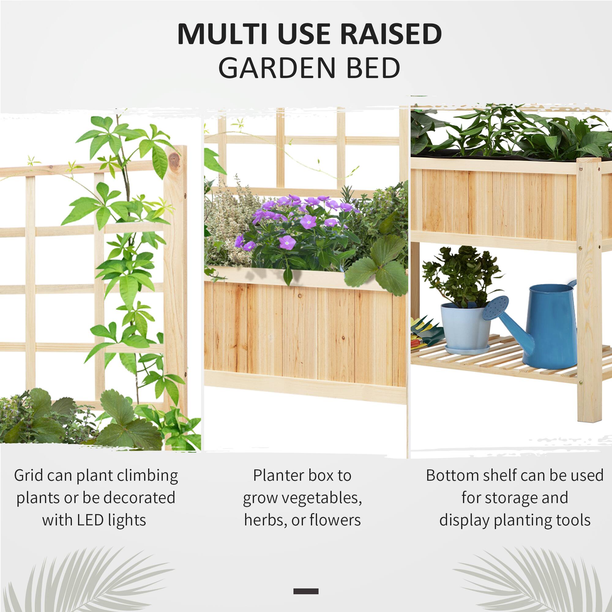 MULTI USE RAISED GARDEN BED

- Grid can plant climbing plants or be decorated with LED lights
- Planter box to grow vegetables, herbs, or flowers
- Bottom shelf can be used for storage and display planting tools