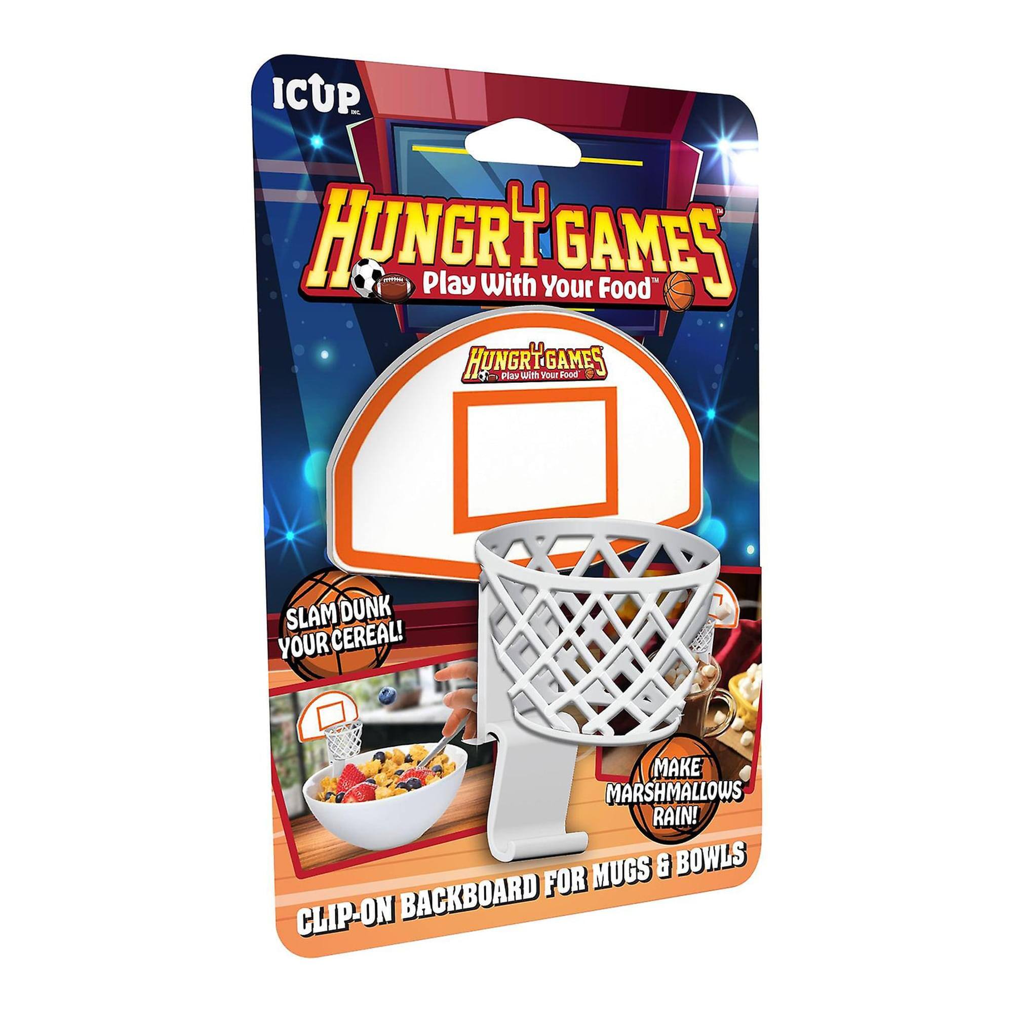 ICUP HUNGRY GAMES Play with Your Food

- Play with Your Food
- SLAM DUNK YOUR CEREAL!
- MAKE MARSHMALLOWS RAIN!
- CLIP-ON BACKBOARD FOR MUGS & BOWLS