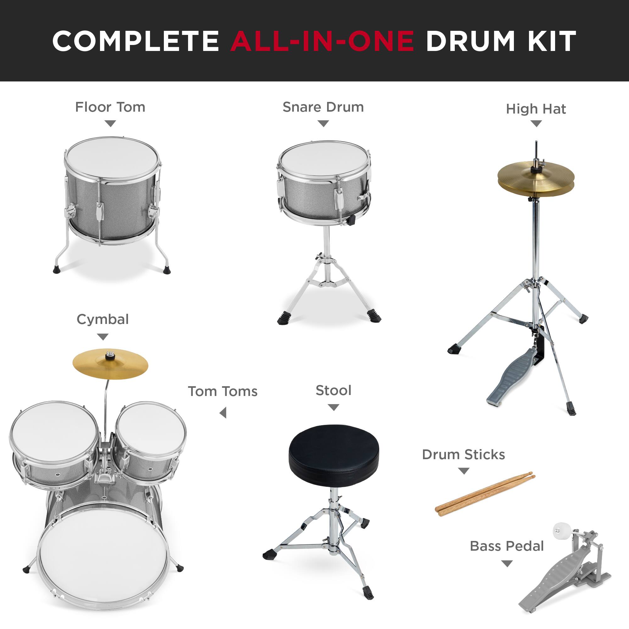 COMPLETE ALL-IN-ONE DRUM KIT

- Floor Tom
- Snare Drum
- High Hat
- Cymbal
- Tom Toms
- Stool
- Drum Sticks
- Bass Pedal