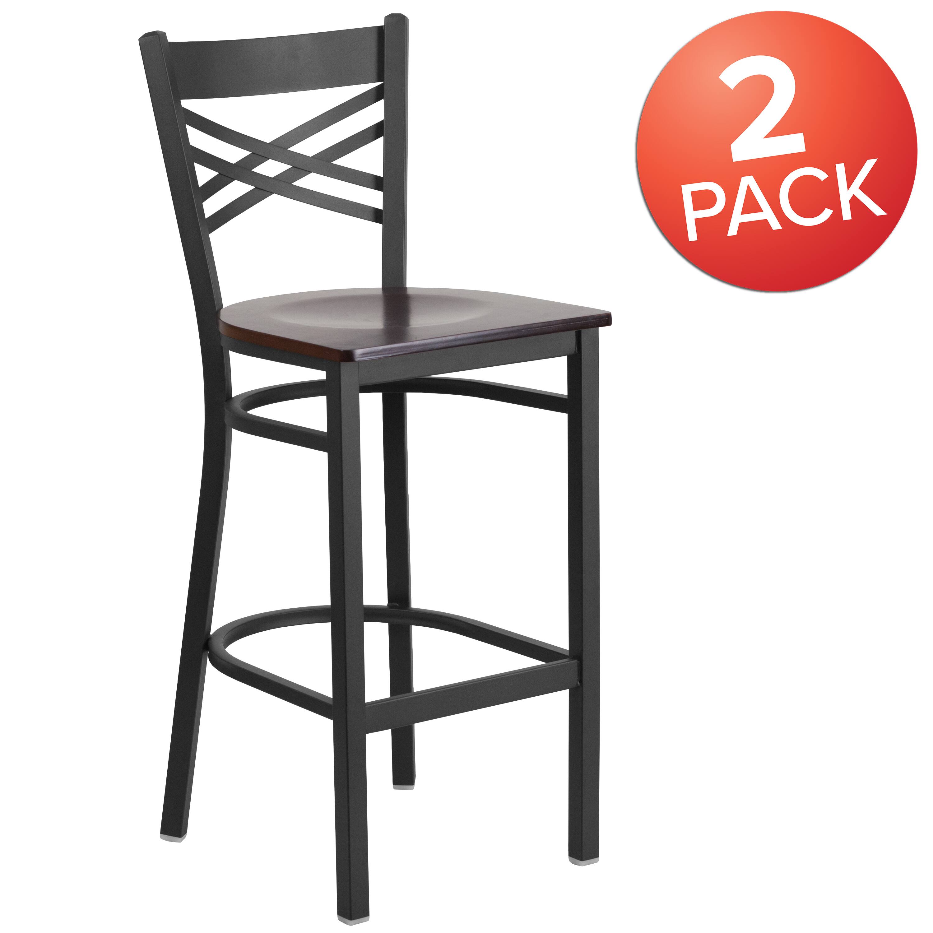 Alt View 1. Emma + Oliver - 2 Pack "X" Back Metal Restaurant Barstool - Walnut Wood Seat/Black Metal Frame.