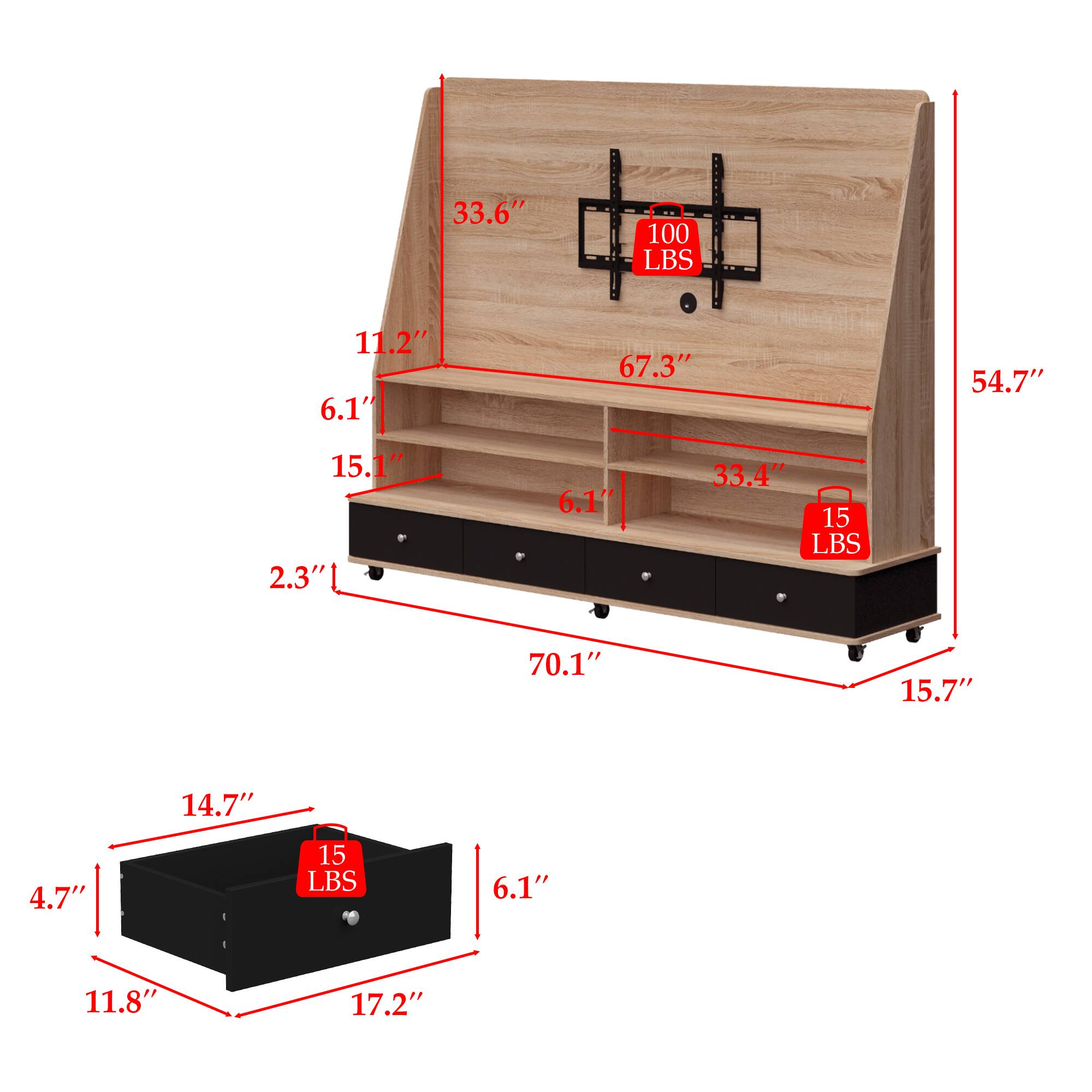 The text on the image is grouped and corrected as follows:

* 33.6" 100 LBS 11.2" 6.1" 67.3" 54.7" 15.1" 2.3" 6.1" 33.4" 15 LBS 70.1" 15.7" 14.7" 4.7" 15 LBS 6.1" 11.8" 17.2"

This text describes the dimensions and weight of a wooden cabinet. The cabinet is 33.6 inches tall, weighs 100 pounds, and has a width of 11.2 inches. The cabinet also has a shelf that is 6.1 inches deep. The cabinet is made of wood and is 67.3 inches long, 54.7 inches wide, and 15.1 inches deep. The shelf is 15.1 inches deep, and the cabinet is made of wood. The cabinet is 15.7 inches wide, 14.7 inches tall, and 4.7 inches deep. The shelf is 15.1 inches deep, and the cabinet is made of wood. The cabinet is 17.2 inches tall, 11.8 inches wide, and 6.1 inches deep. The shelf is 6.1 inches deep, and the cabinet is made of wood.
