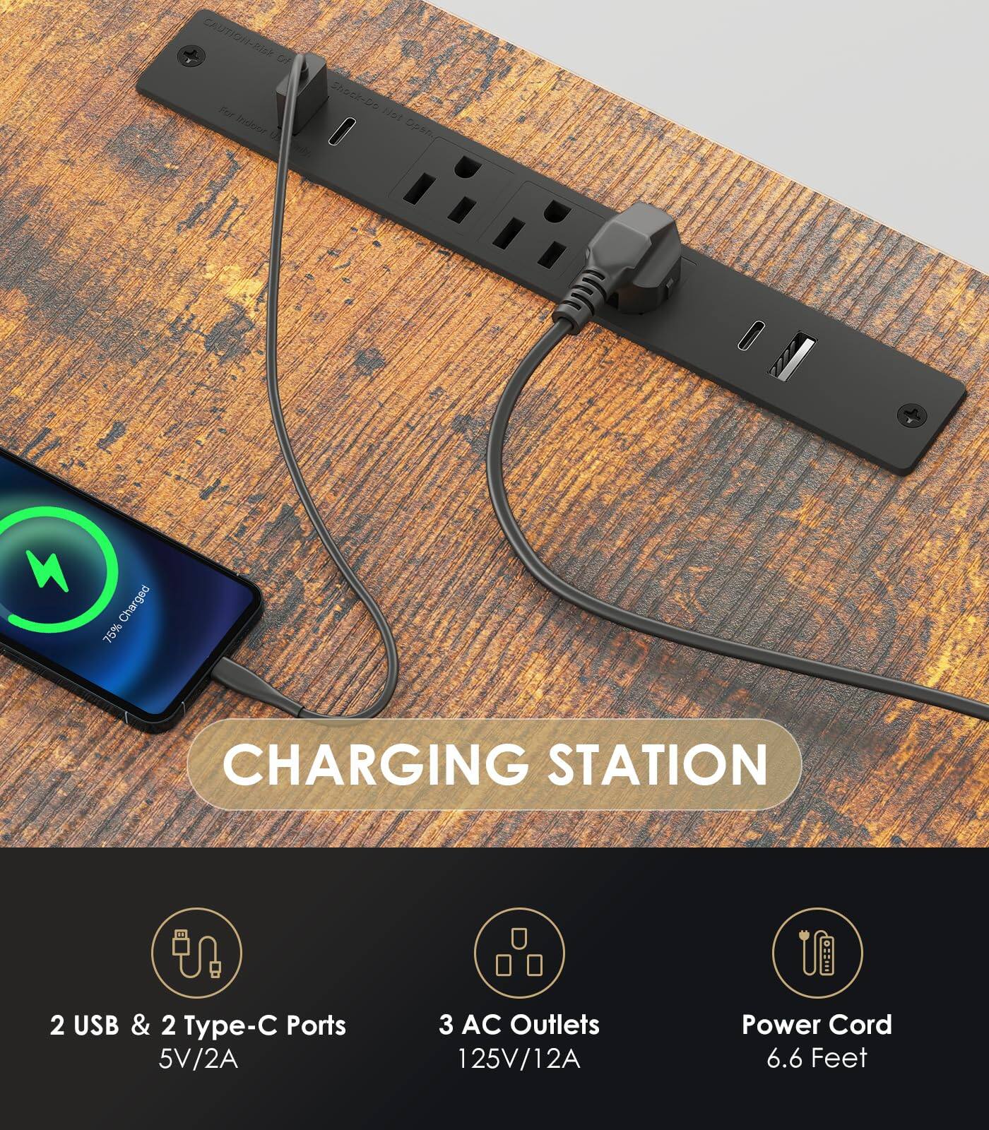 CAUTION: Risk of Fire - Do Not Overcharge

CHARGING STATION
2 USB & 2 Type-C Ports
5V/2A
3 AC Outlets
125V/12A
Power Cord
6.6 Feet