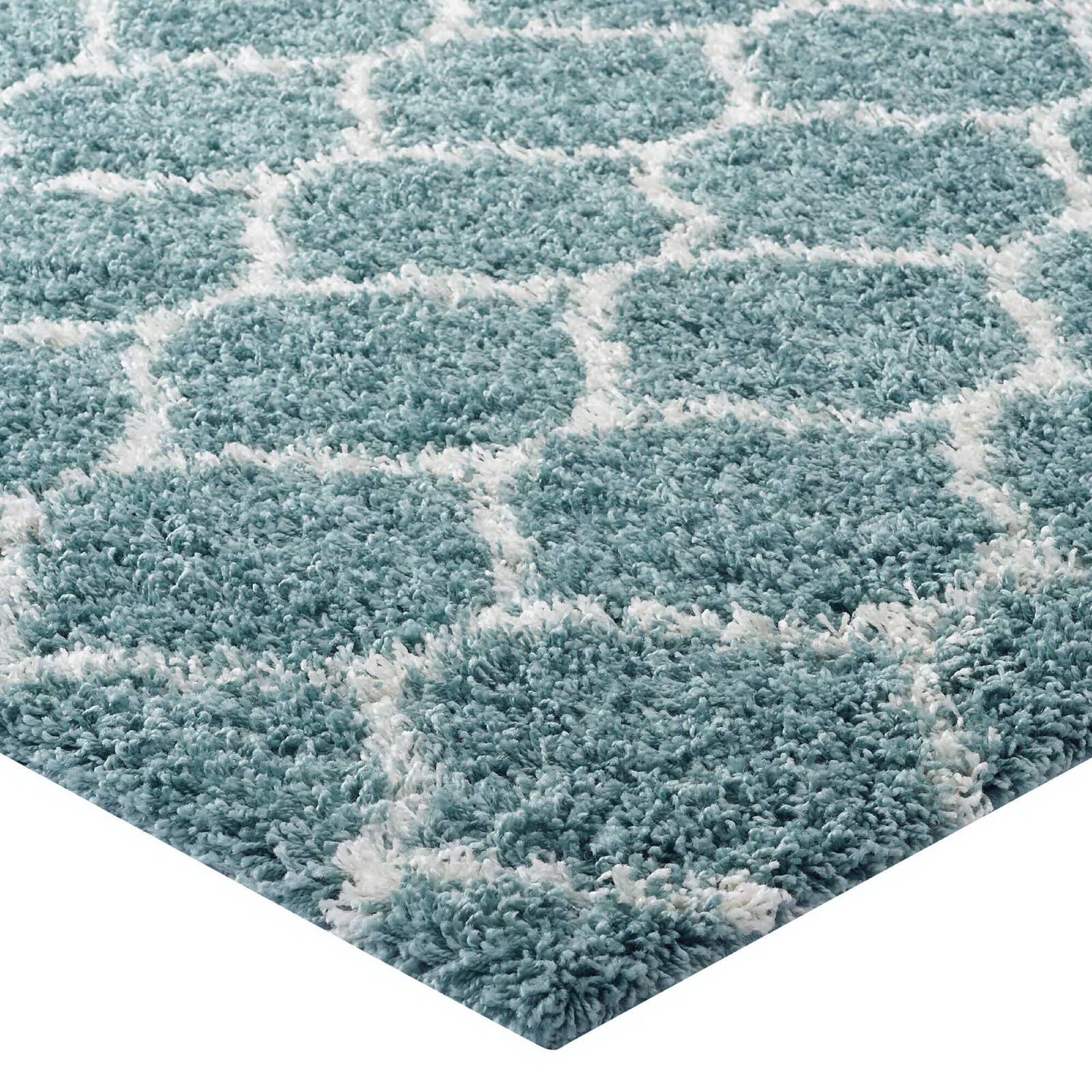 Alt View 2. Modway - Solvea Moroccan Trellis Shag Area Rug - Aqua Blue and Ivory.
