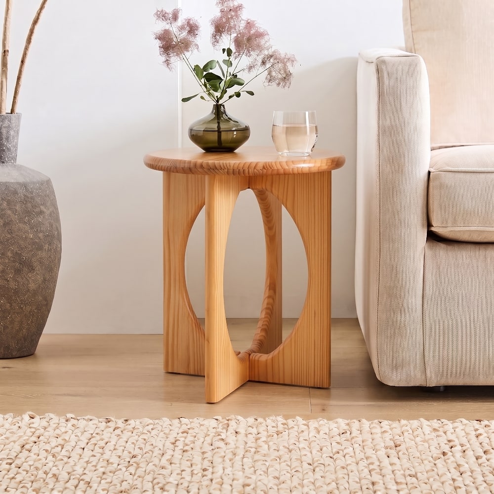 Loheer - Pine End Table Round Side Table Geometric Cross-Leg Modern Accent Table for Living Room - Natural