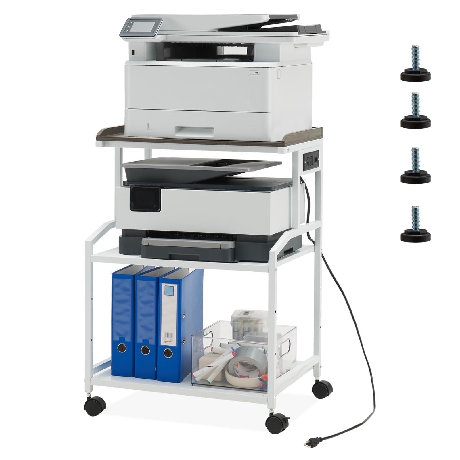 Printer Stand With Power Outlets And USB Charging Ports, Large Printer Table Storage 4 Tier Rolling Printer Stand Wheels Desktop Cpu Small Space Home Office - View #5