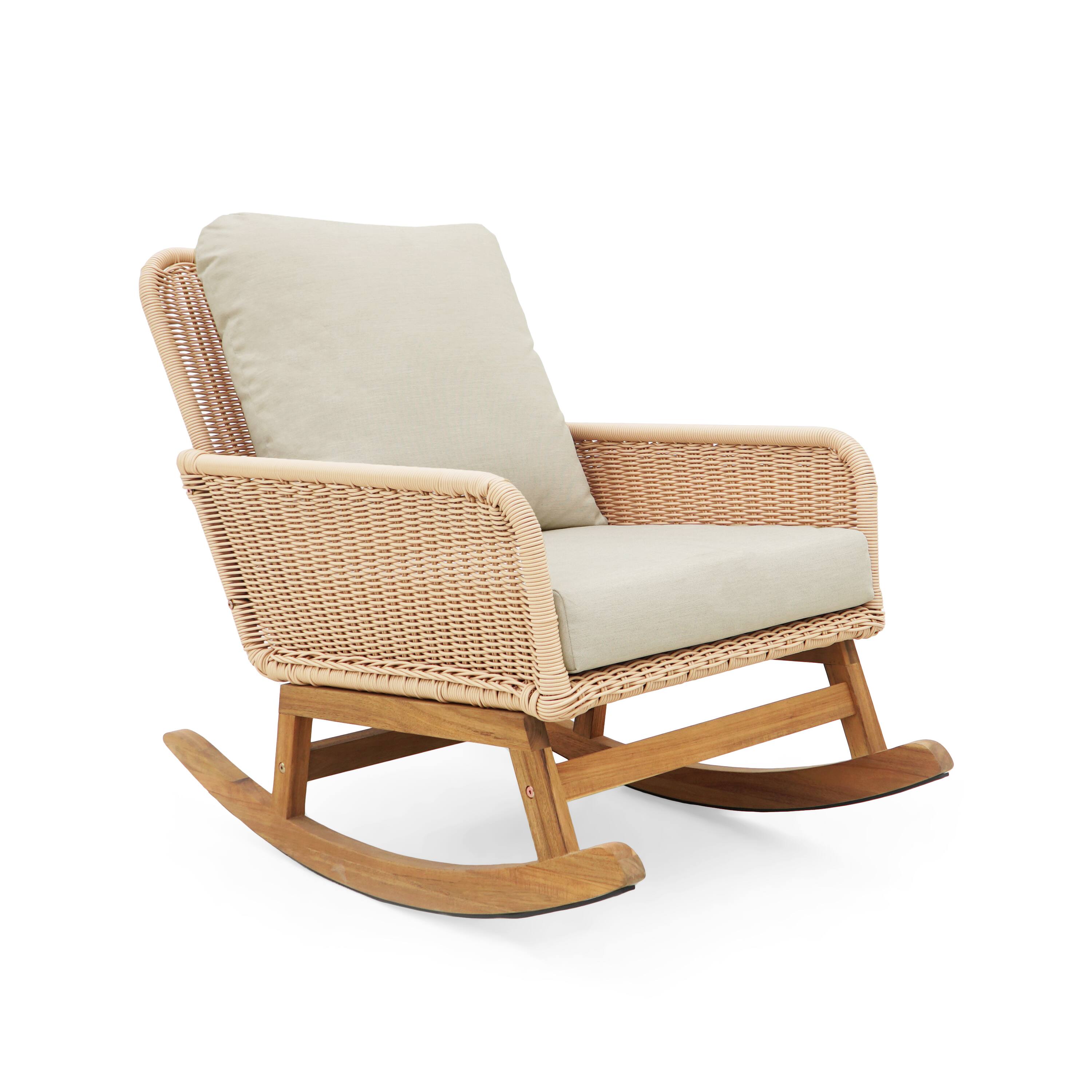 Alt View 1. Tiramisubest - Minimalist Wicker Rocking Chair with Polyester Cushions and Wooden Frame for Indoor and Outdoor Spaces,Beige - Beige.