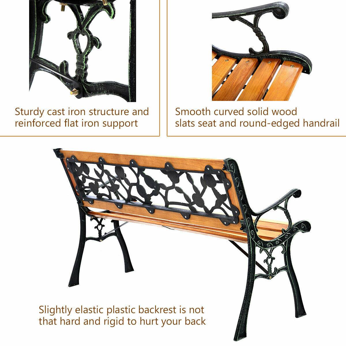 Sturdy cast iron structure and reinforced flat iron support

Smooth curved solid wood slats seat and round-edged handrail

Slightly elastic plastic backrest is not that hard and rigid to hurt your back