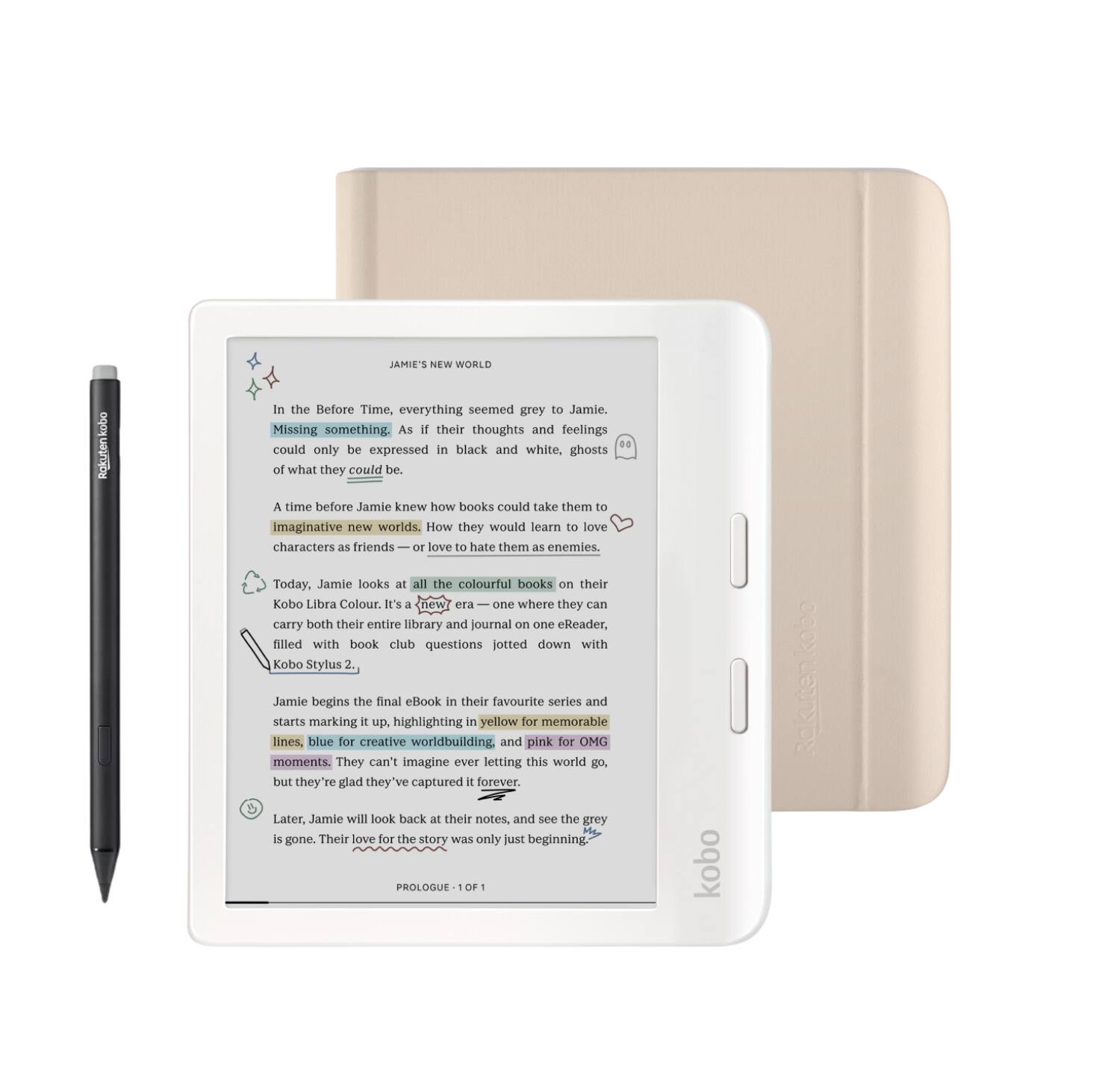 Kobo - Libra Colour eReader (White) with and Stylus 2Gen Bundle - 2024 - Sand Beige Notebook SleepCover