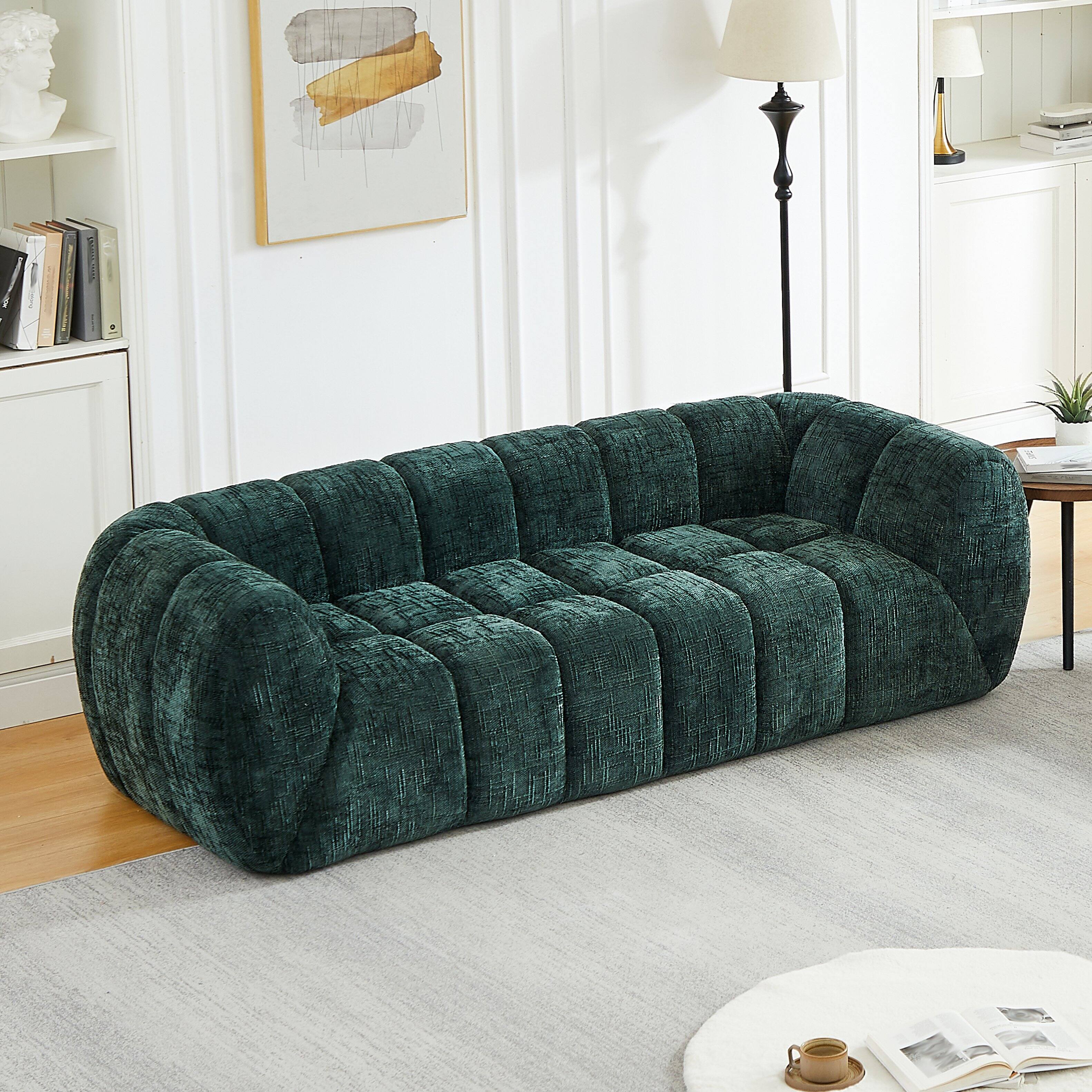 Angle. Anysun - Comfortable Three-Seater Chenille Pure Foam Sofa – Modern Quilted Cloud Sofa, Deep-Seat Chenille - Green.