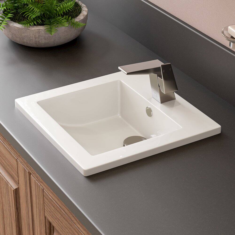 Angle. Alfi - White 17" Square Drop In Ceramic Sink with Faucet Hole - White.