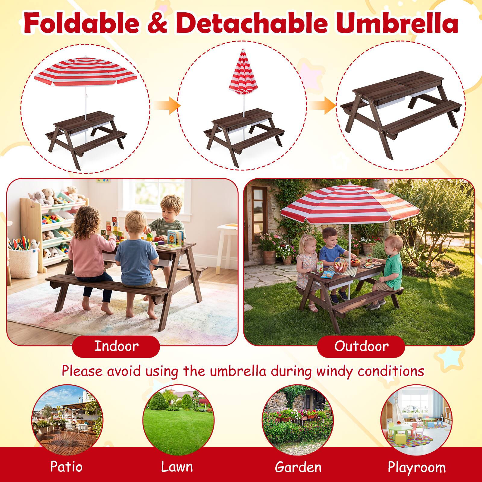 Foldable & Detachable Umbrella

Indoor
Outdoor

Please avoid using the umbrella during windy conditions

Patio
Lawn
Garden
Playroom