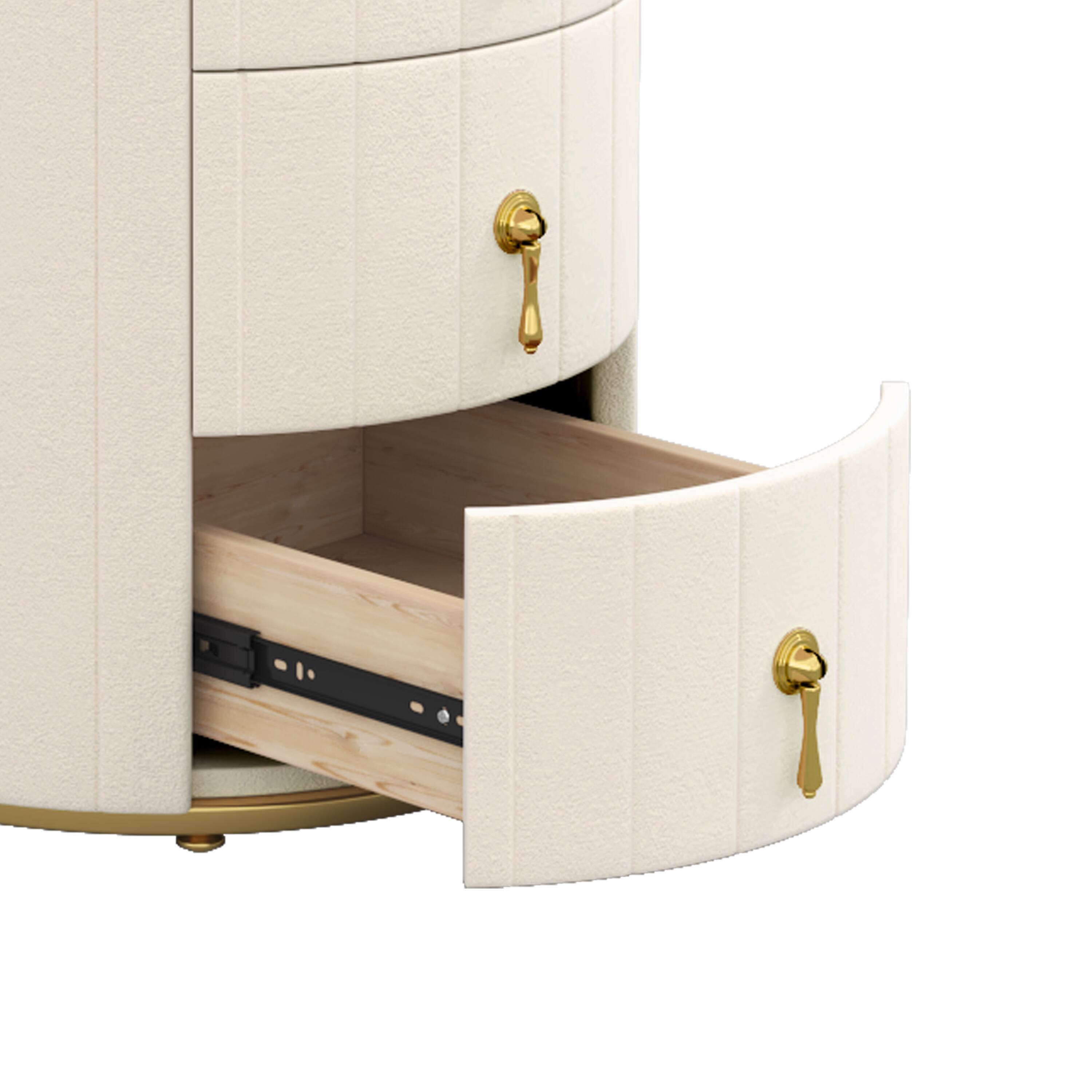 Alt View 5. Spaco - Spaco Upholstered Round Nightstand with 3 Drawers and Metal Handles, Marbling Sticker Top for Bedroom - Beige.