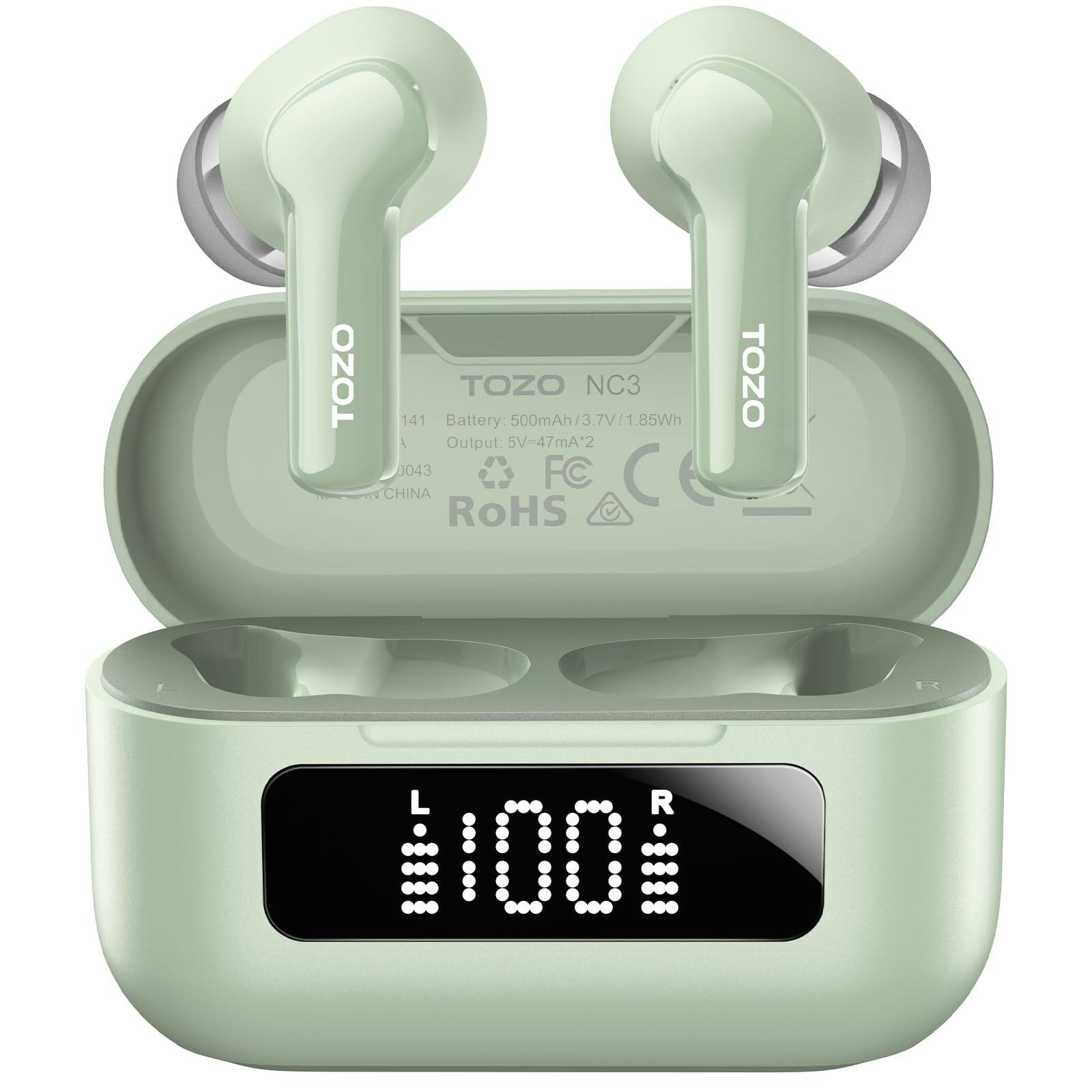 TOZO - AI Translation Noise Cancelling Earbuds, 68H, 6-Mic ENC Clear Call, Stereo Bass, LED Power Display, APP-32EQ, Waterproof - Light Green