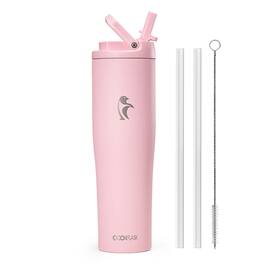 Coolflask - Slim Tumbler Stainless Steel with Straw & Handle - Fits Car Cup Holder - 40oz Pink