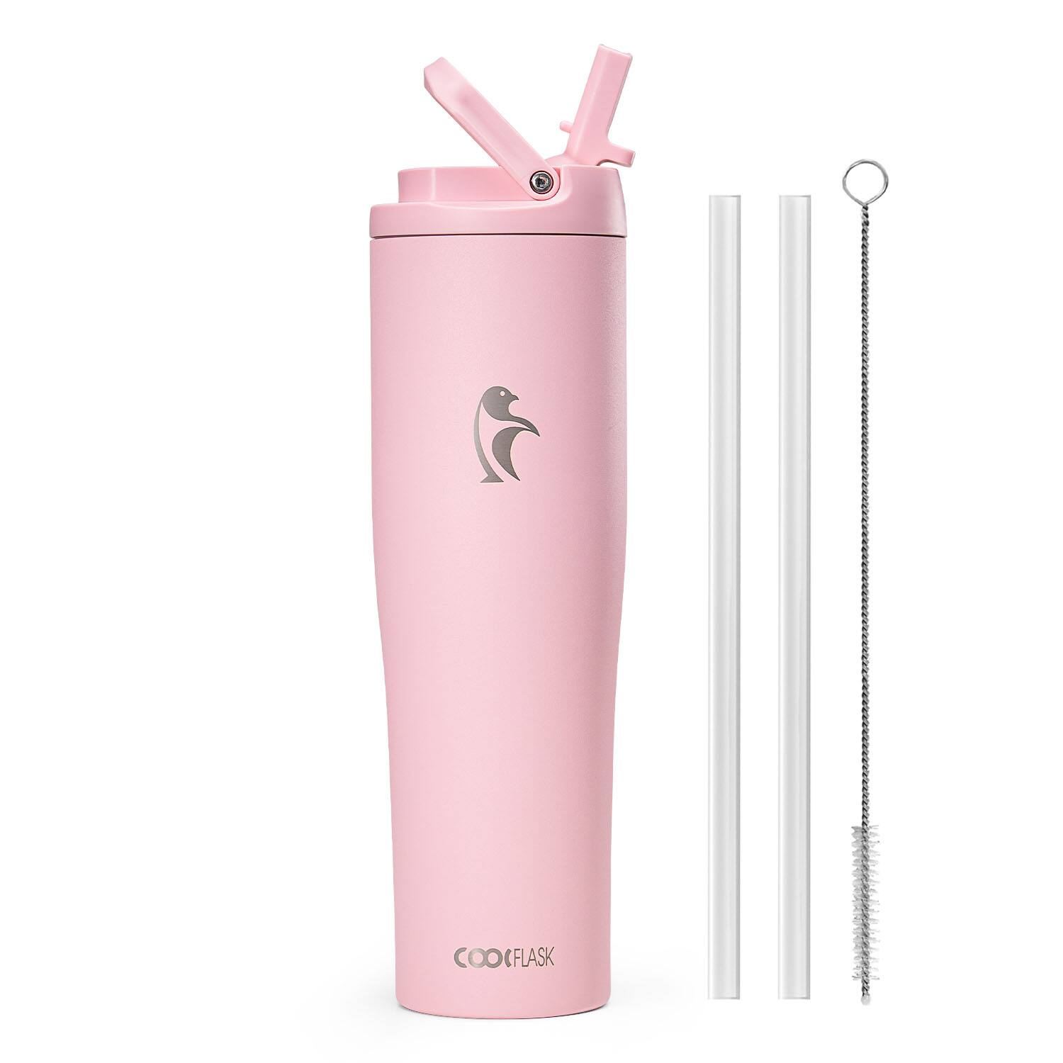 Front. Coolflask - Slim Tumbler Stainless Steel with Straw & Handle - Fits Car Cup Holder - 40oz Pink.