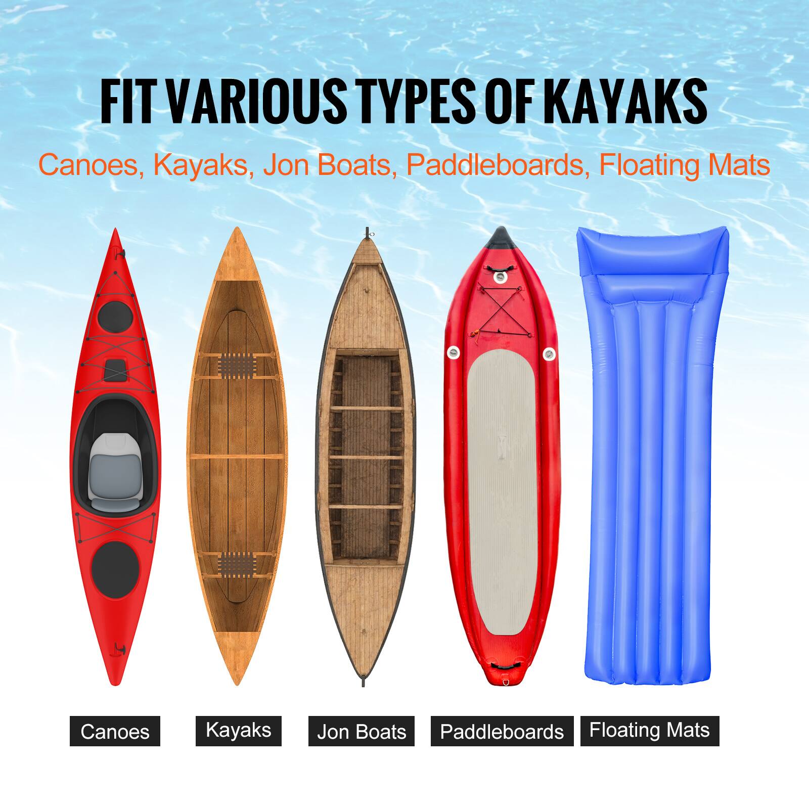 FIT VARIOUS TYPES OF KAYAKS  
Canoes, Kayaks, Jon Boats, Paddleboards, Floating Mats  

Canoes  
Kayaks  
Jon Boats  
Paddleboards  
Floating Mats