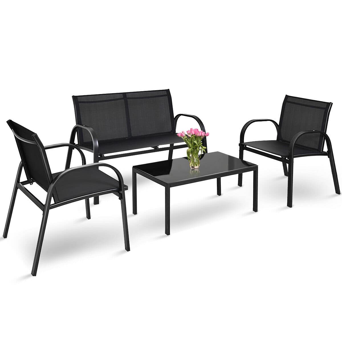 Costway - 4 PCS Patio Furniture Set Sofa Coffee Table Steel Frame Garden Outdoor Deck - Black