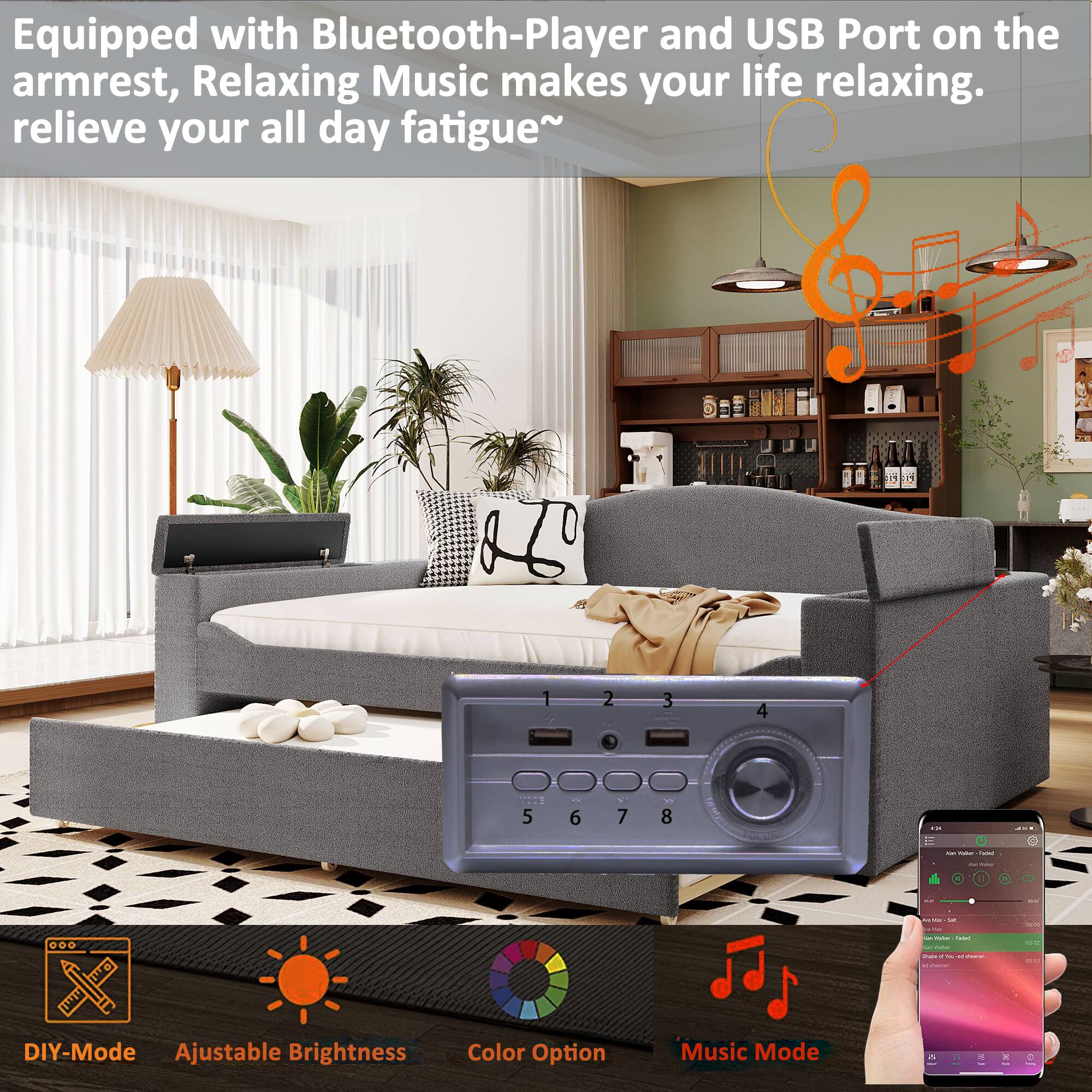 Equipped with Bluetooth-Player and USB Port on the armrest, Relaxing Music makes your life relaxing. relieve your all day fatigue~

DIY-Mode  
Adjustable Brightness  
Color Option  
Music Mode