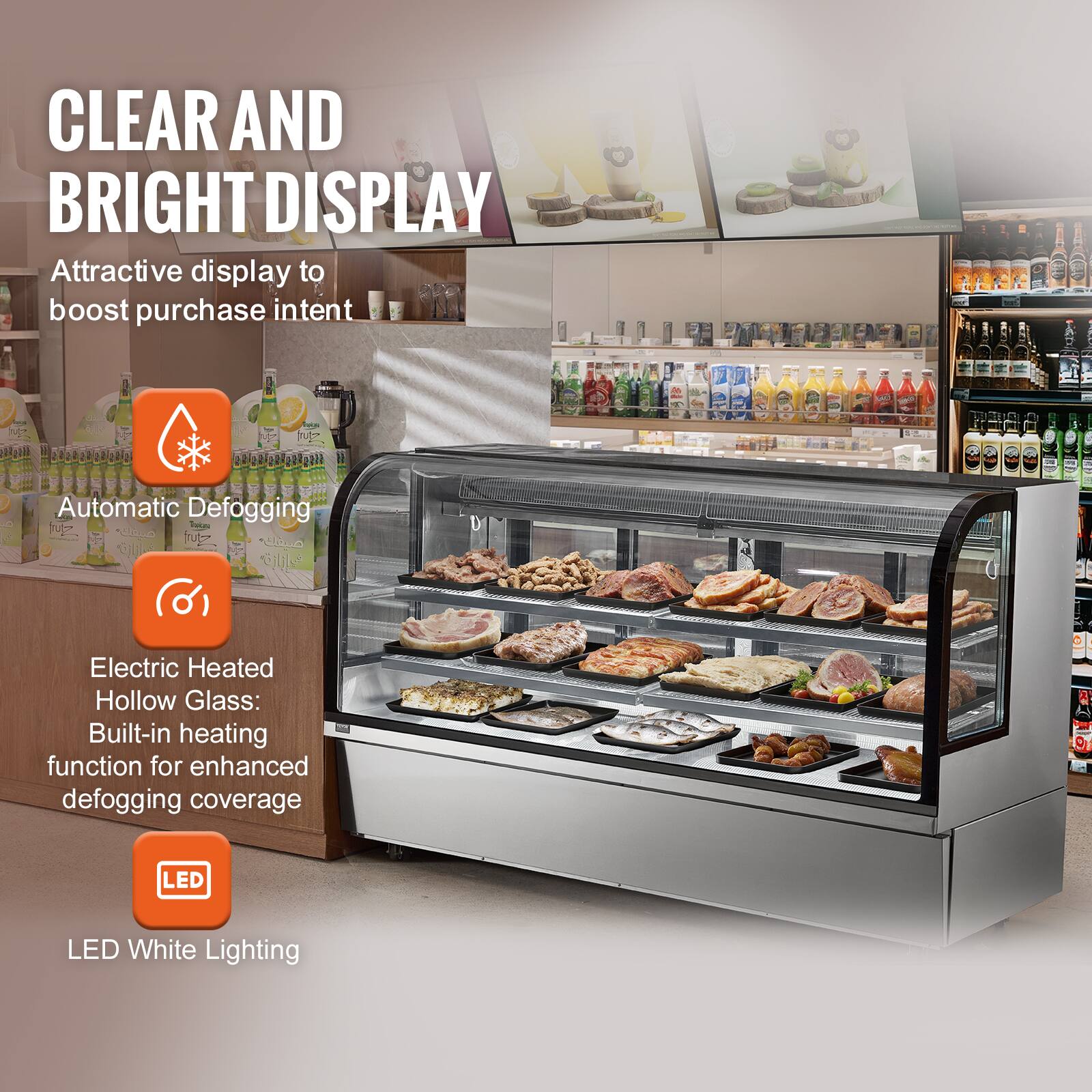 CLEAR AND BRIGHT DISPLAY  
Attractive display to boost purchase intent

Automatic Defogging

Electric Heated Hollow Glass: Built-in heating function for enhanced defogging coverage

LED White Lighting