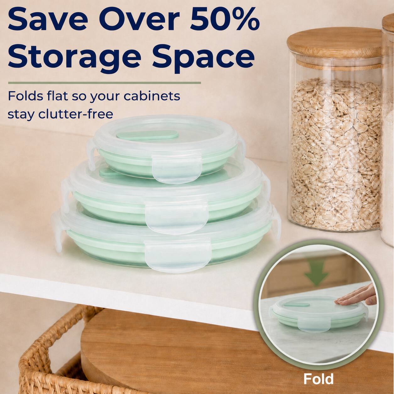 Save Over 50% Storage Space  
Folds flat so your cabinets stay clutter-free