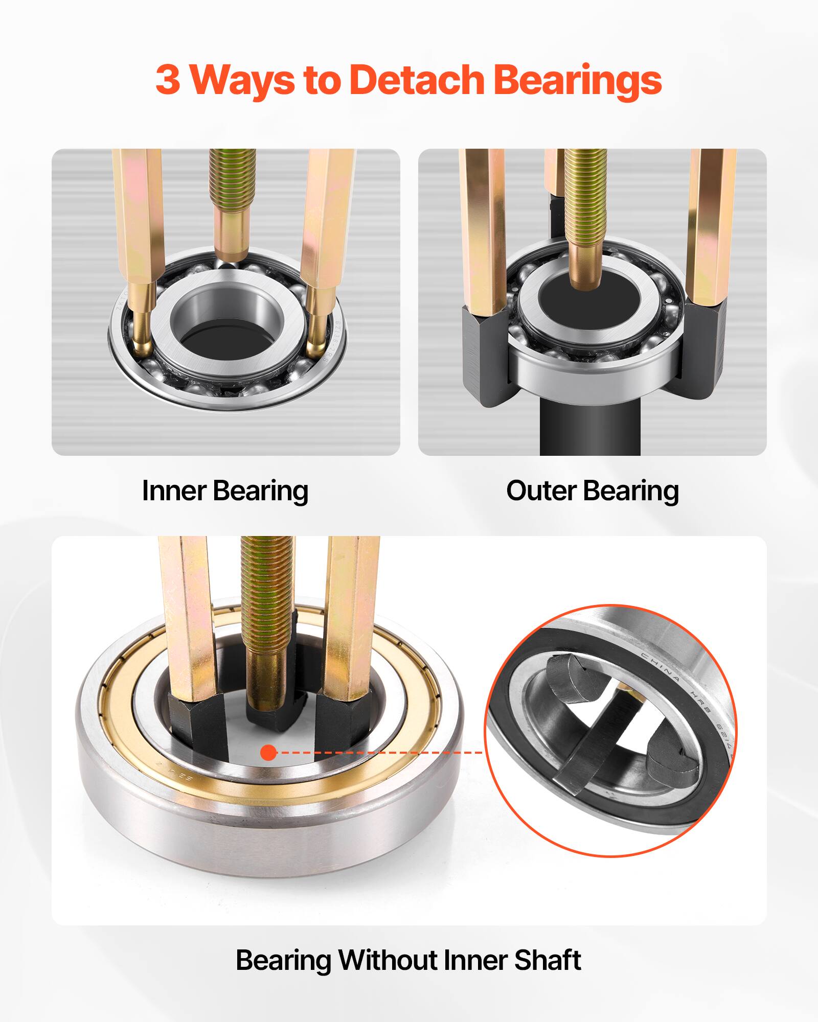 3 Ways to Detach Bearings

Inner Bearing

Outer Bearing

Bearing Without Inner Shaft