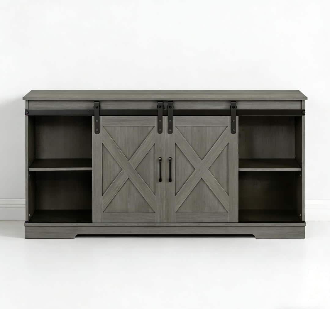 Vaczon - 56" Farmhouse Tv Stand with Storage and Sliding Barn Doors, Media TV Stand Table for Living Room, Bedroom - Gray