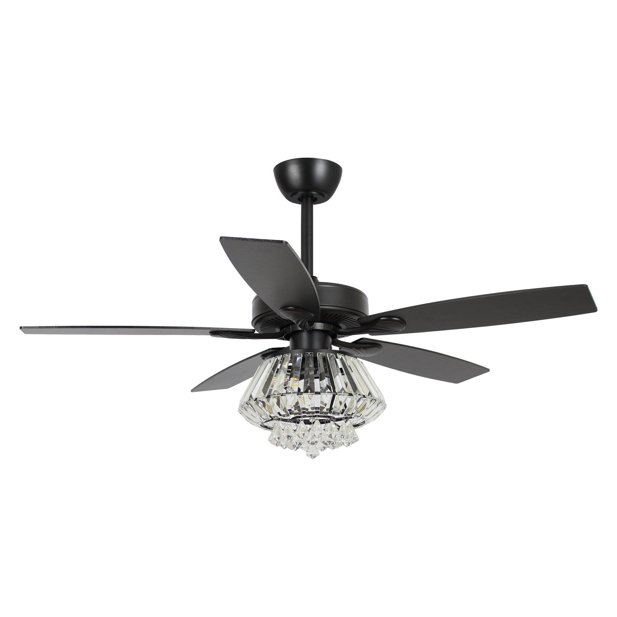 Back. Parrot Uncle - 52" Modern Black 5-Blade Crystal Ceiling Fan with Remote Control - Black.