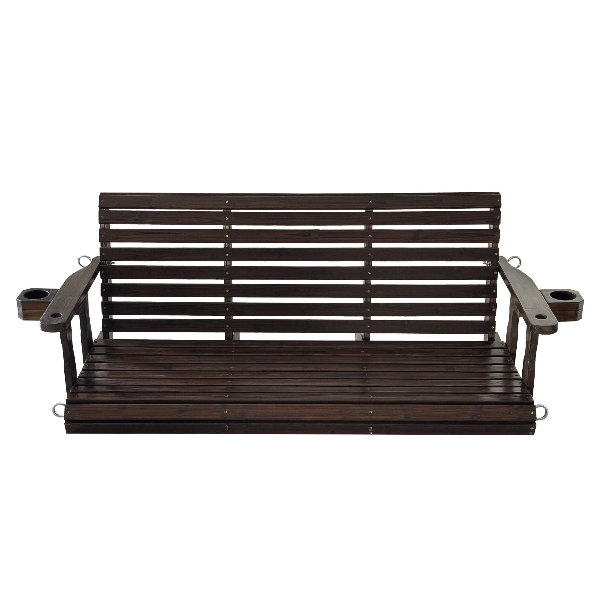 Alt View 4. Fortune Candy - Wooden 3-Seater Porch Swing w/Cupholders , High Back & Deep Seat, Chains & Springs, Heavy Duty 880lbs, 5FT - Deep Brown.